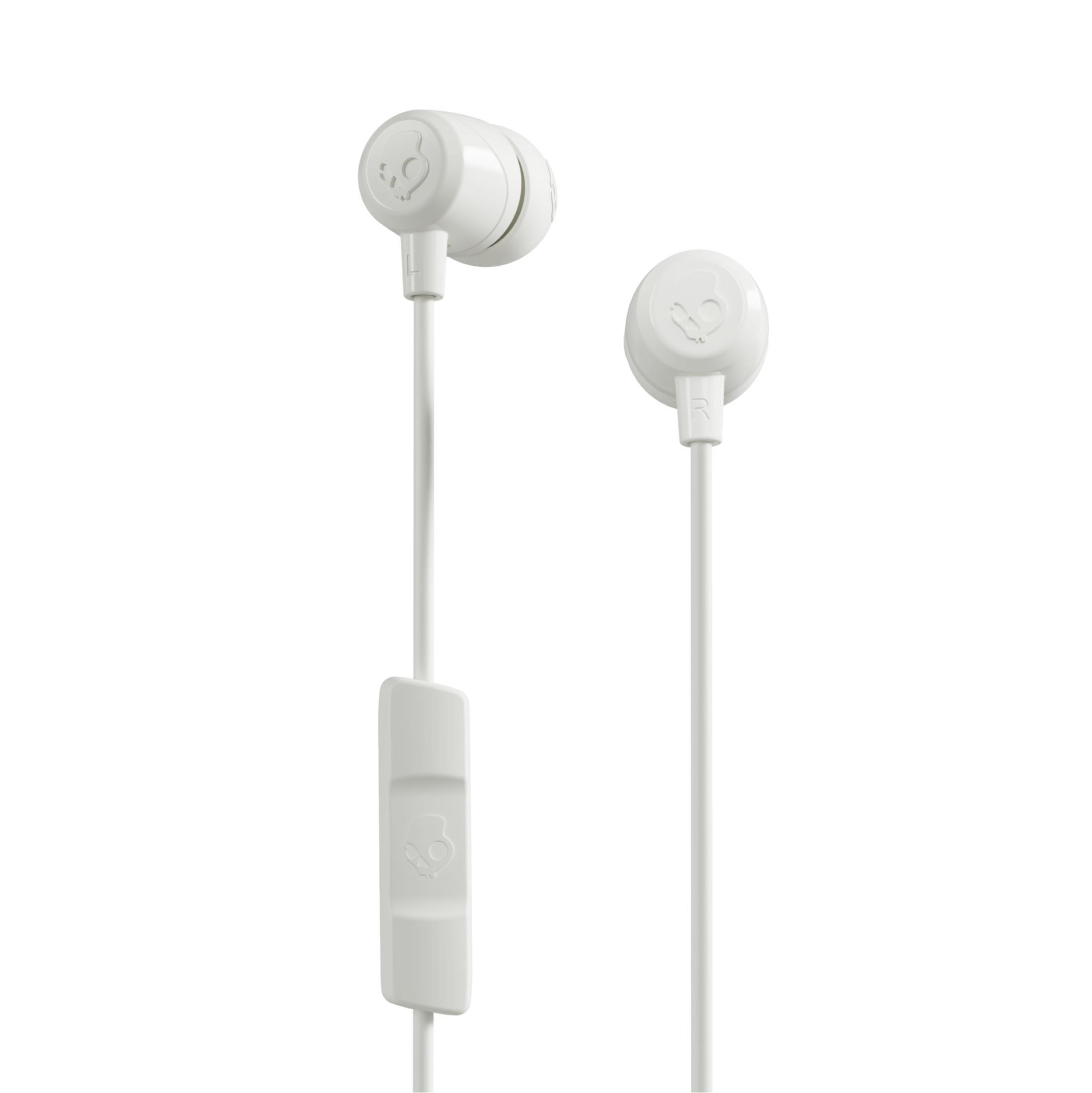Weiße In-Ear-Kopfhörer mit Skullcandy-Logo und Inline-Fernbedienung.