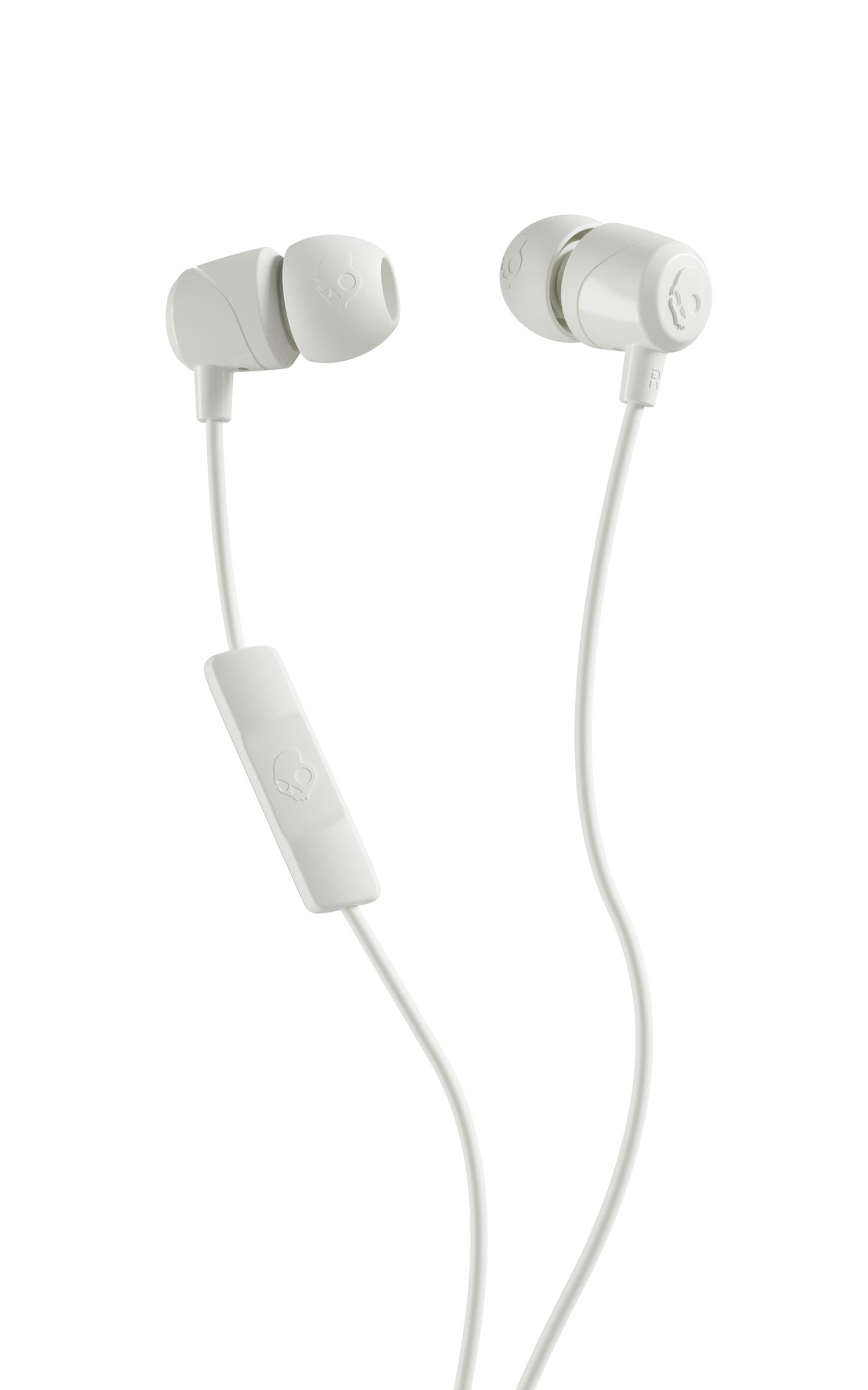 Weiße Kopfhörer mit Skullcandy-Logo und Fernbedienung.