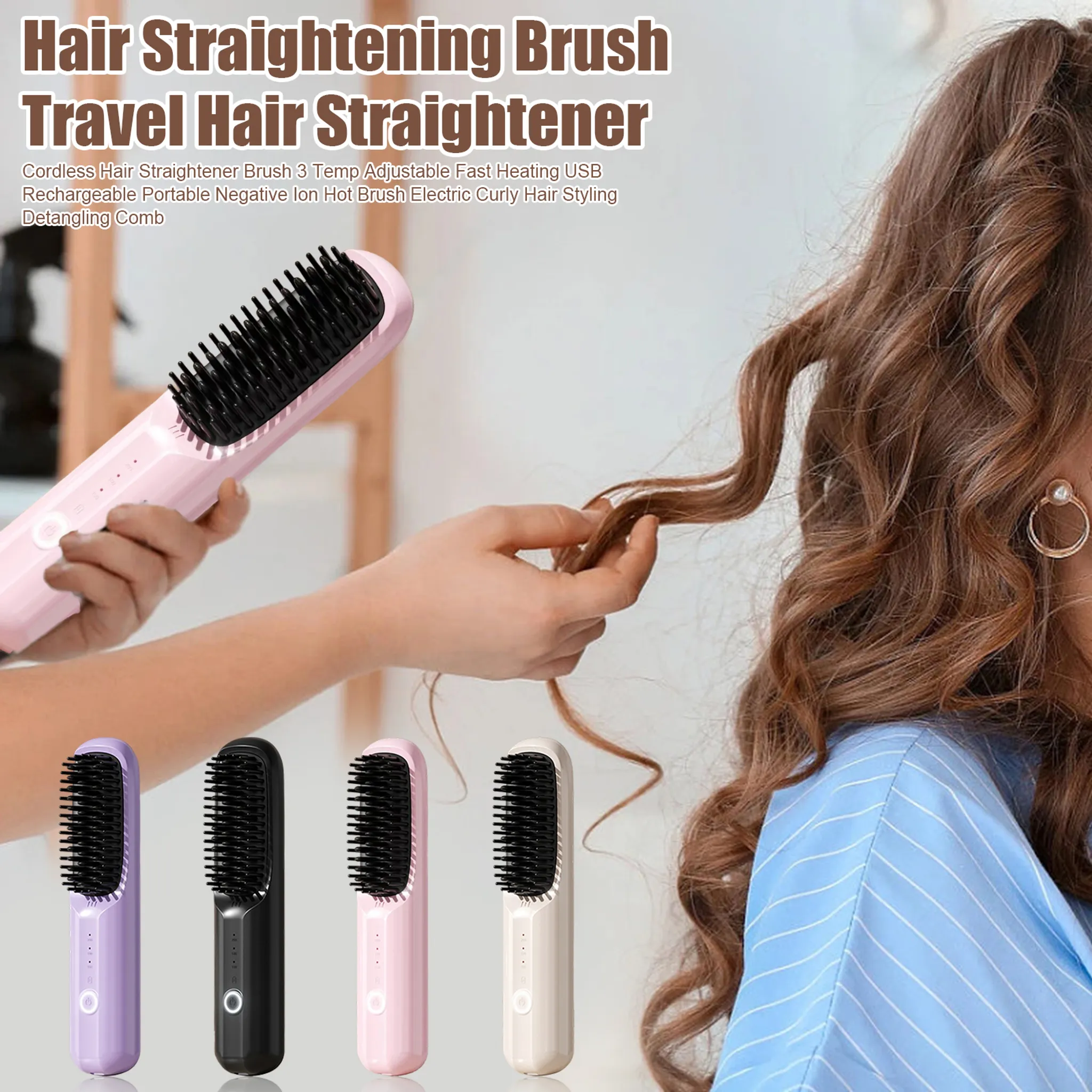 Ein rosa Haarglättungsbürsten-Set mit lila, schwarz, rosa und beige Optionen.