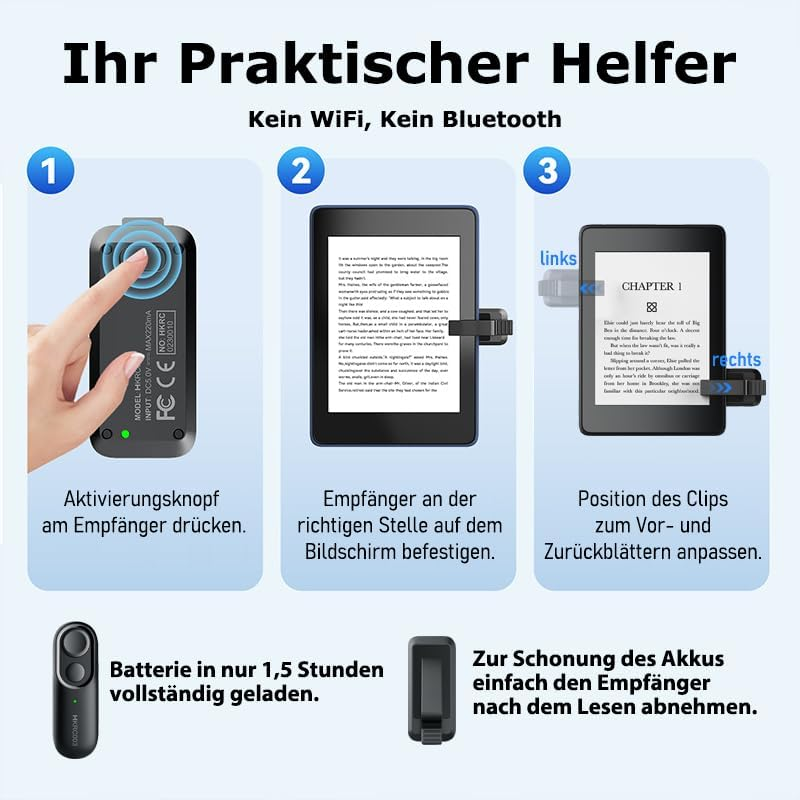 Anleitung: Knopf drücken, Empfänger befestigen, Clips anpassen. Lädt in 1,5h.
