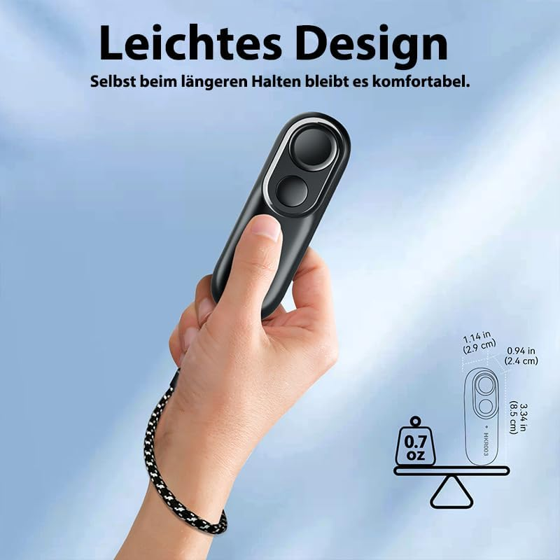 Leichte schwarze Fernbedienung mit zwei Knöpfen, gehalten von einer Hand.