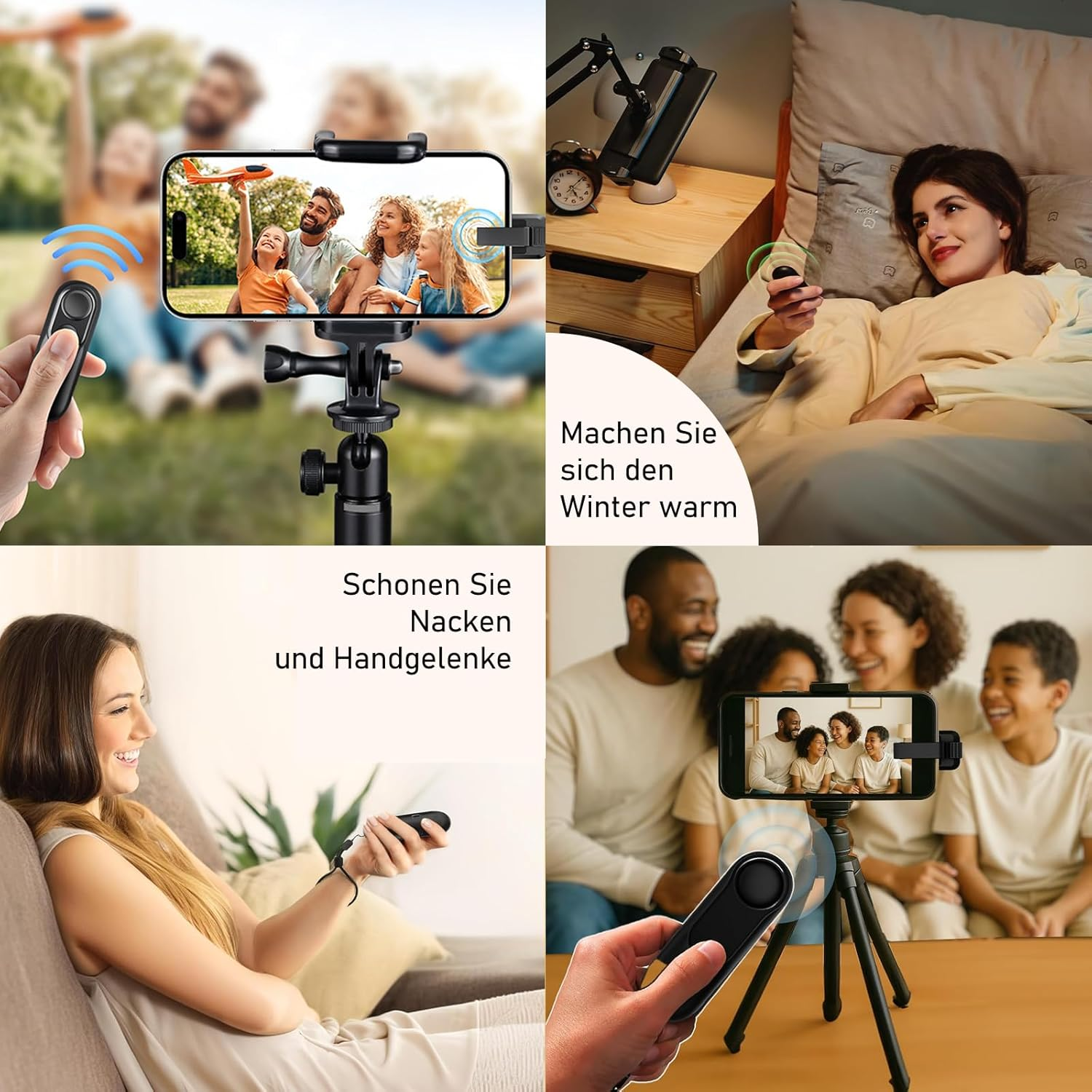 Eine Familie im Park, die eine Fernbedienung für ein Handy benutzt.