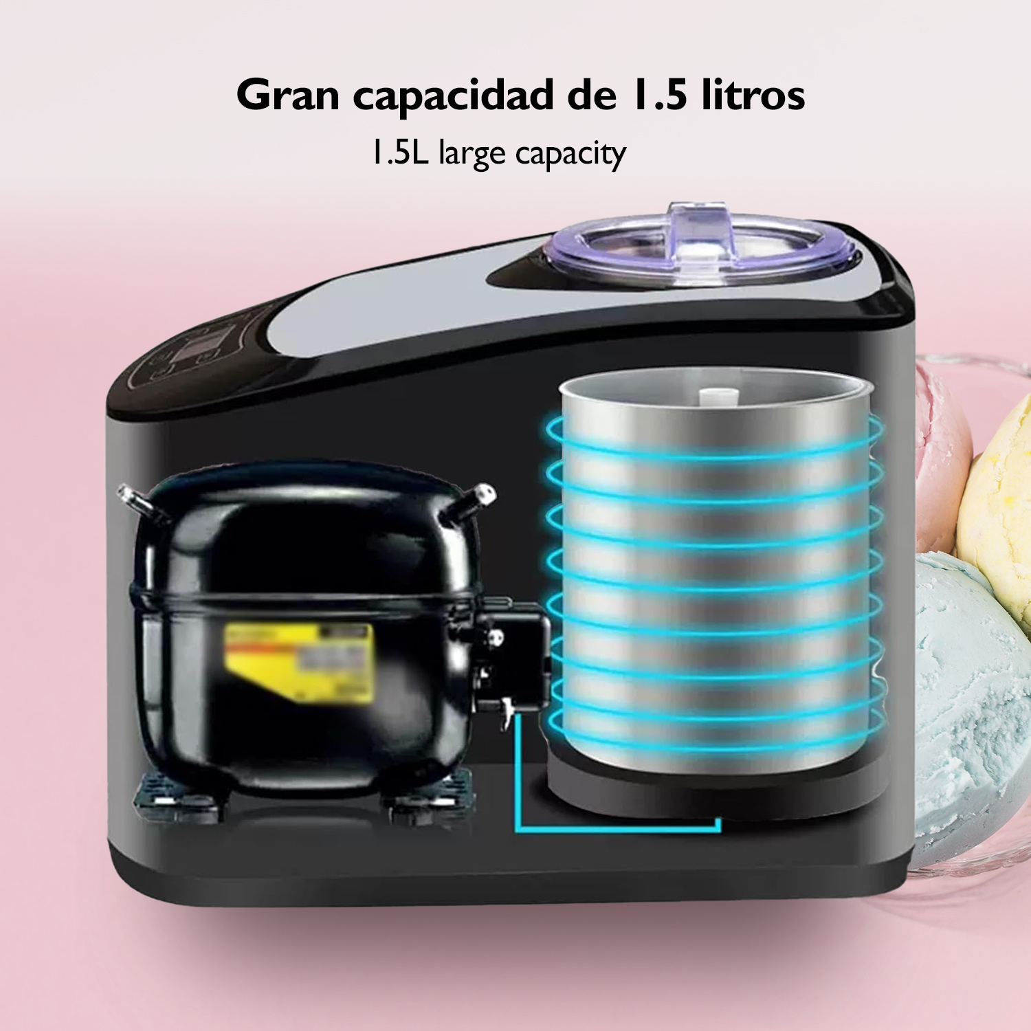 Schwarze Eismaschine mit Kompressor und 1,5L Fassungsvermögen, daneben Eiscreme.