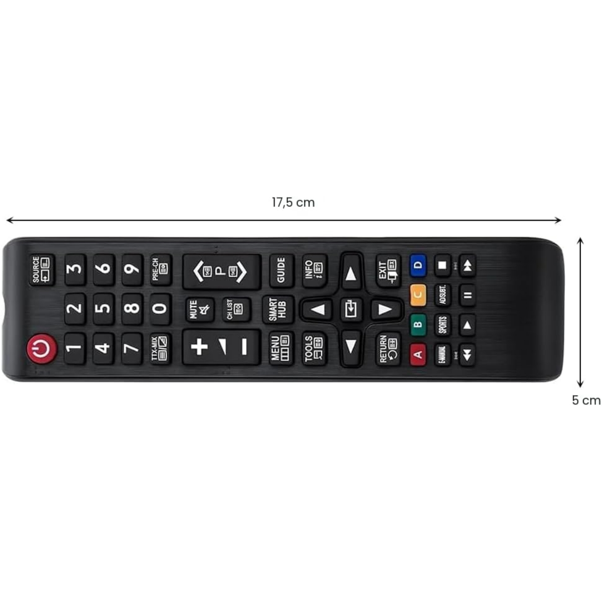 Schwarze TV-Fernbedienung mit Tasten und Beschriftungen.