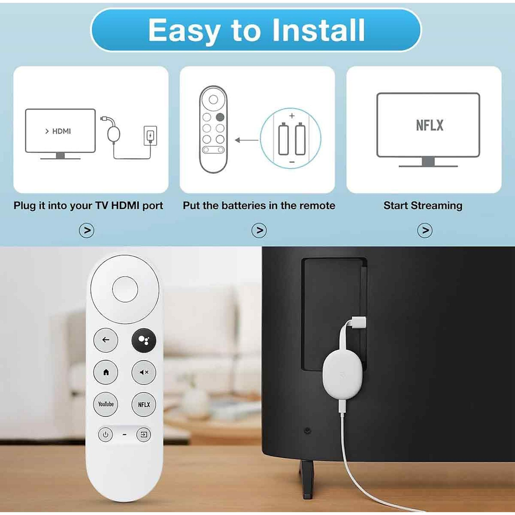 Anleitung: HDMI-Anschluss, Batterien einlegen, Streamen starten. Gerät und Fernbedienung.