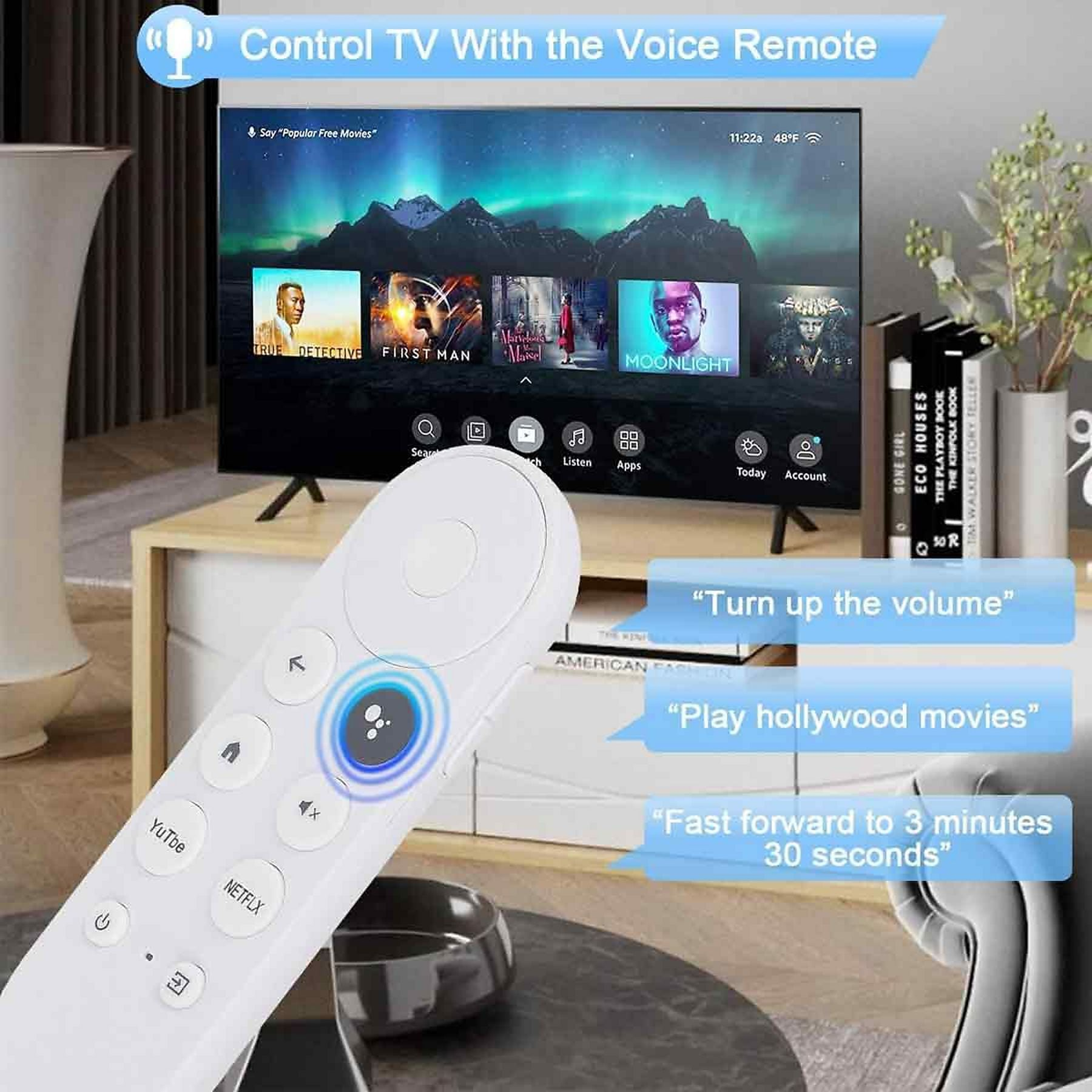 Ein weißes TV-Gerät mit Fernbedienung zeigt Filme; Sprachbefehle werden angezeigt.