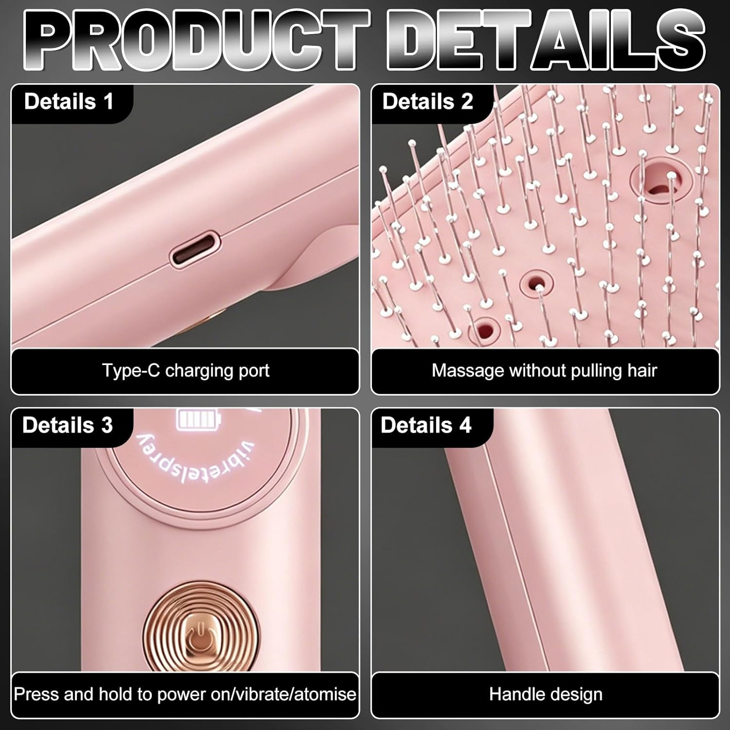 Produktübersicht mit Details: Typ-C-Anschluss, Massagebürste, Bedienknopf, Griff.