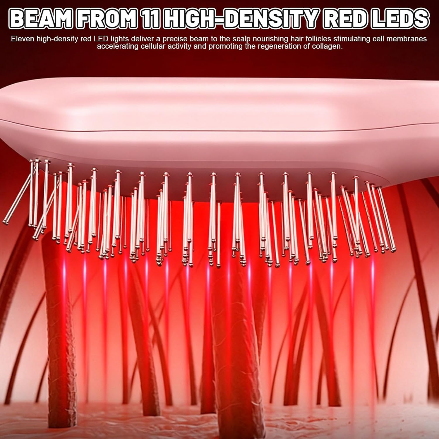11 rote LEDs auf einem Kamm bestrahlen die Haarfollikel mit rotem Licht.
