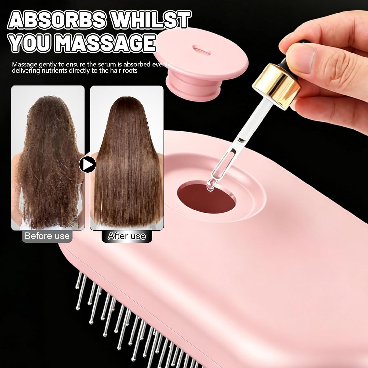 Pinker Haar-Massagegerät mit Pipette, die Serum abgibt. Vorher-/Nachher-Haarvergleich.