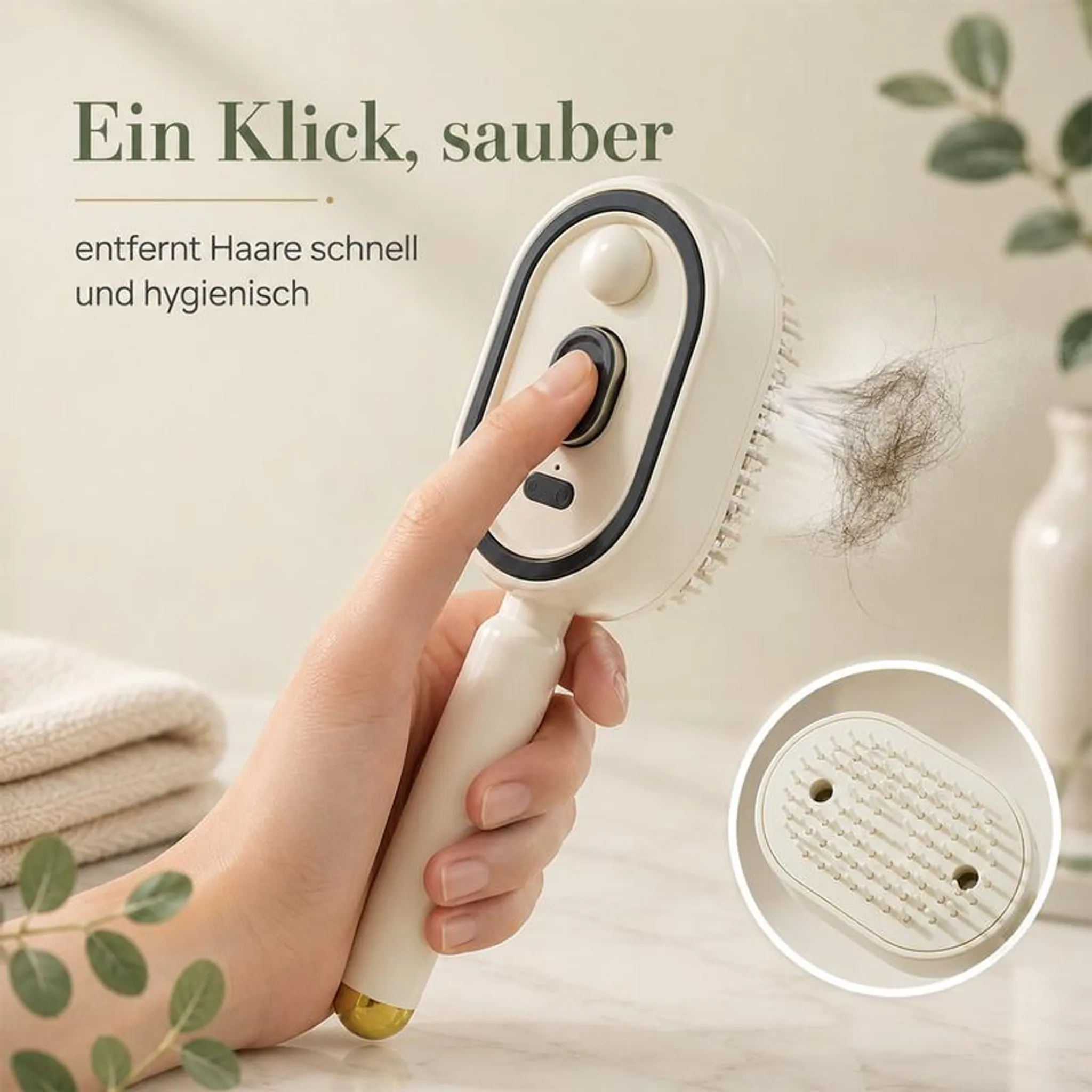 Eine Hand drückt einen Knopf auf einem Haarentferner mit Borsten und Haaren.