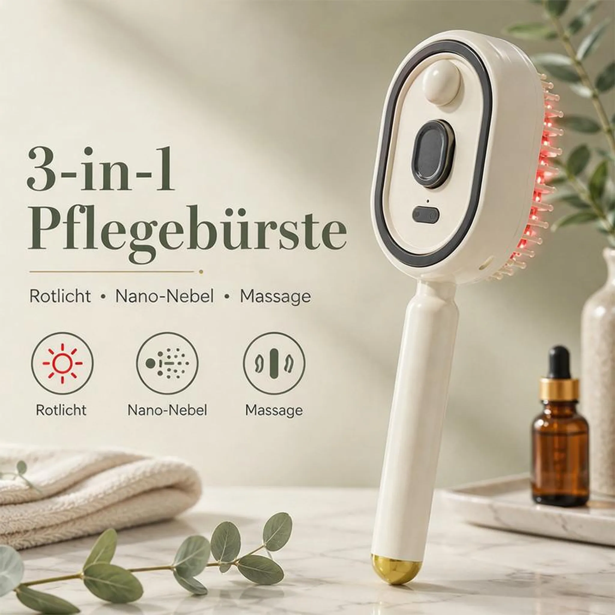 Weiße 3-in-1 Pflegebürste mit roten LED-Lichtern, Nano-Nebel und Massagefunktion.