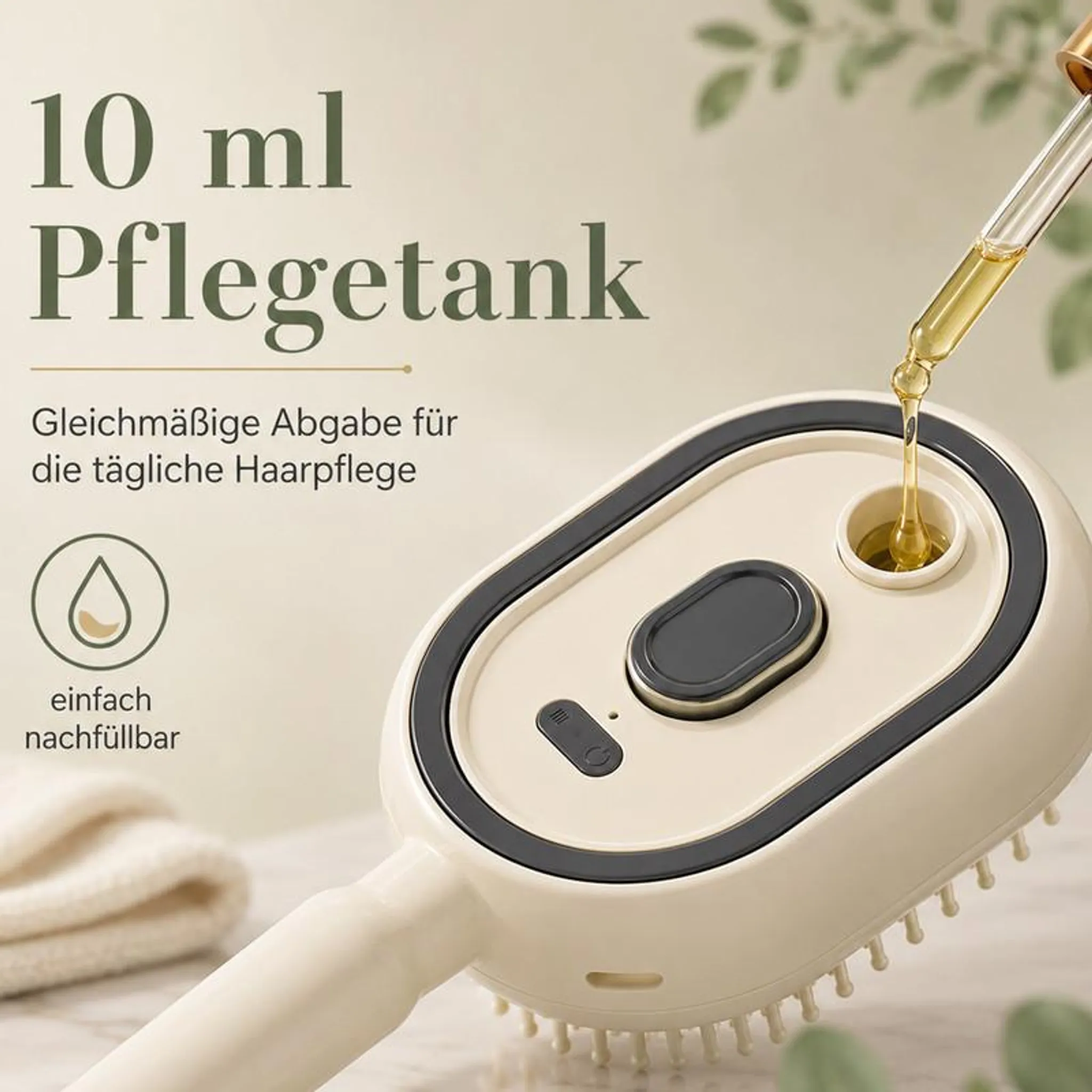 Ein Tropfer gibt Öl in ein Pflegegerät mit Bürstenkopf.