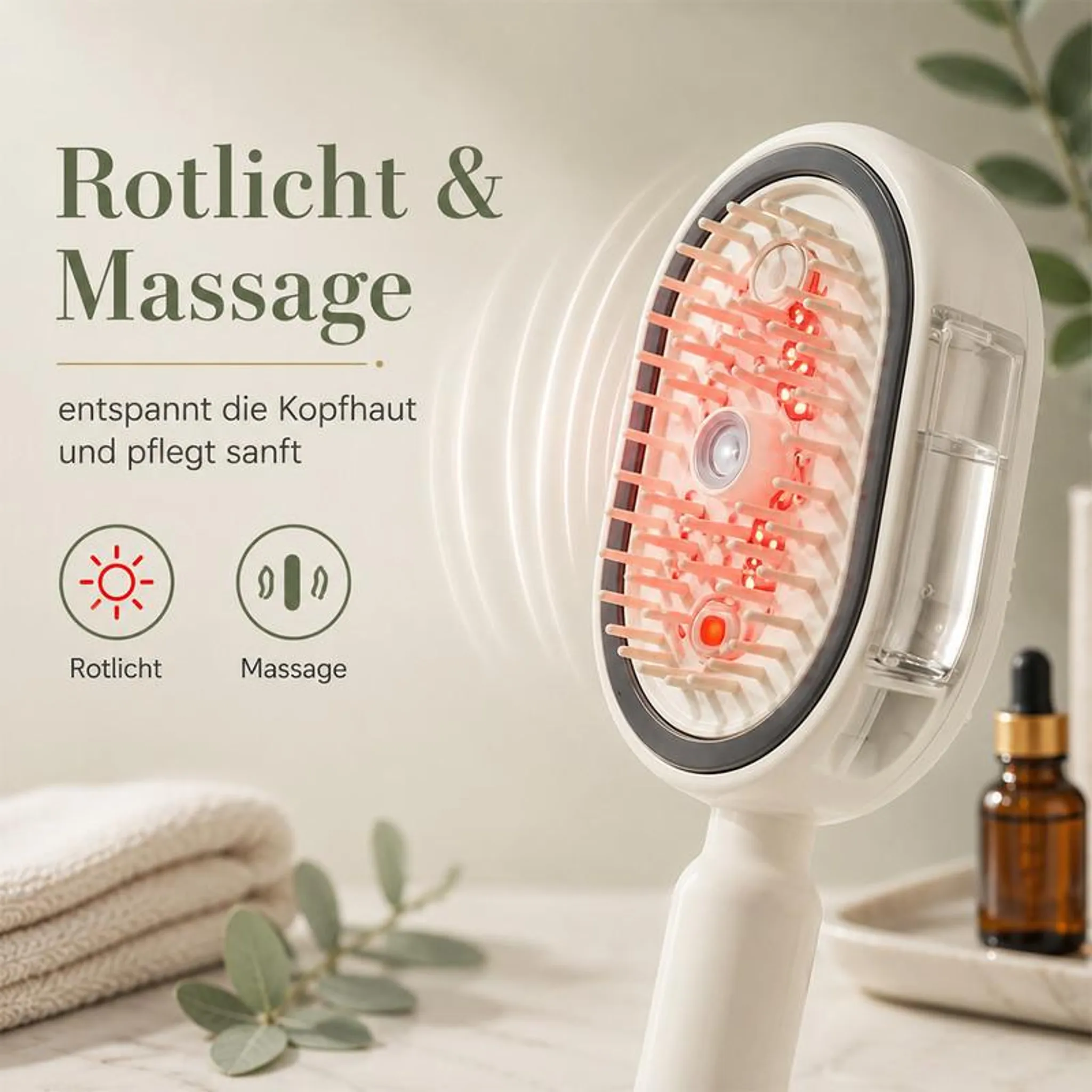 Ein weißes Massagegerät für die Kopfhaut mit roten Lichtern und einem Wassertank.