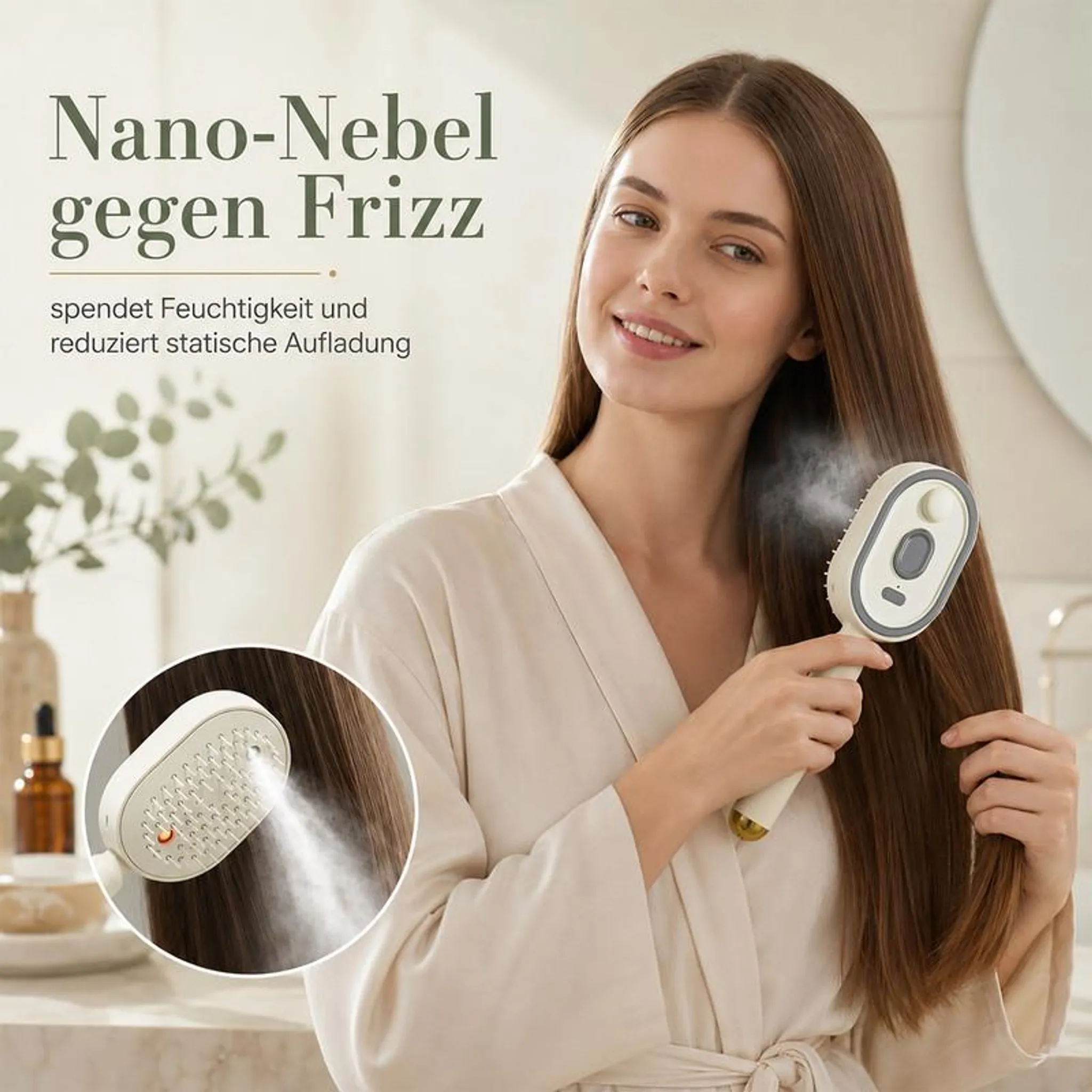 Frau mit glattem Haar bürstet es mit einem Dampfbürsten-Gerät.