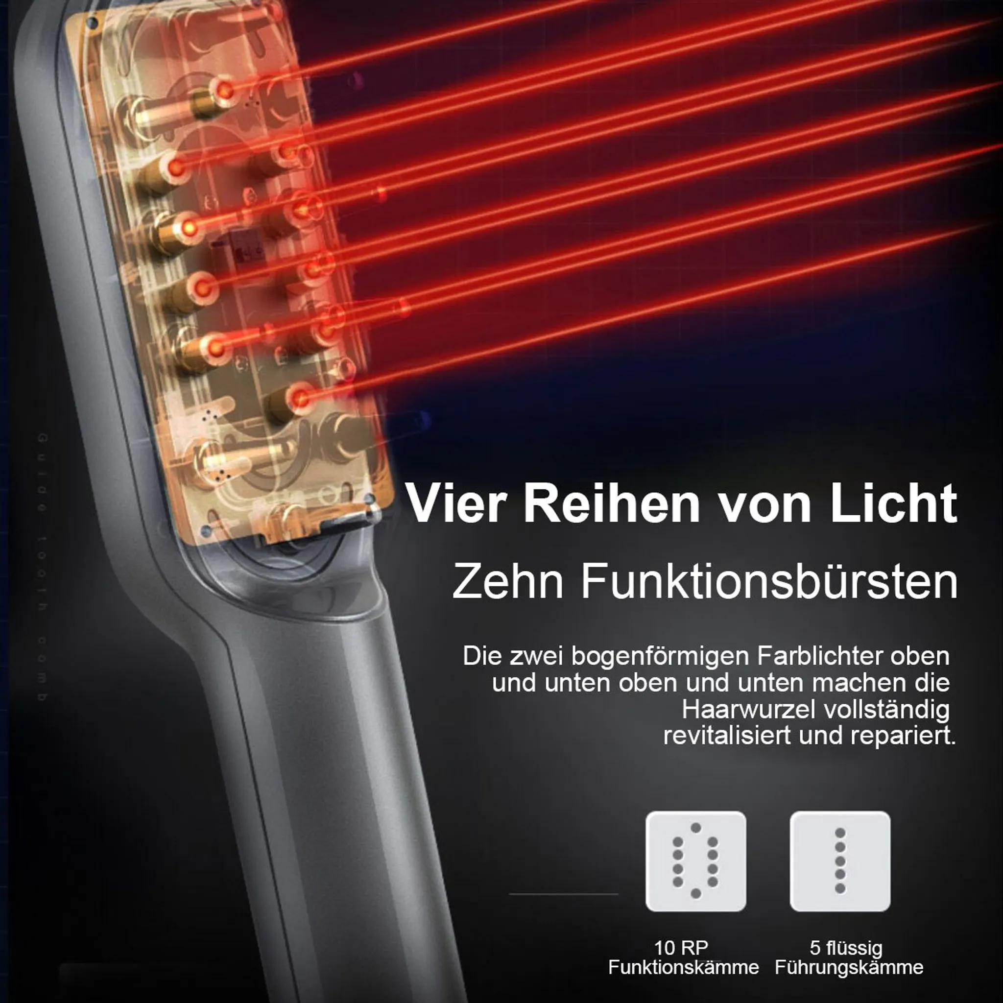 Elektrischer Kamm mit roten Laserstrahlen, der die Haarwurzel revitalisiert.