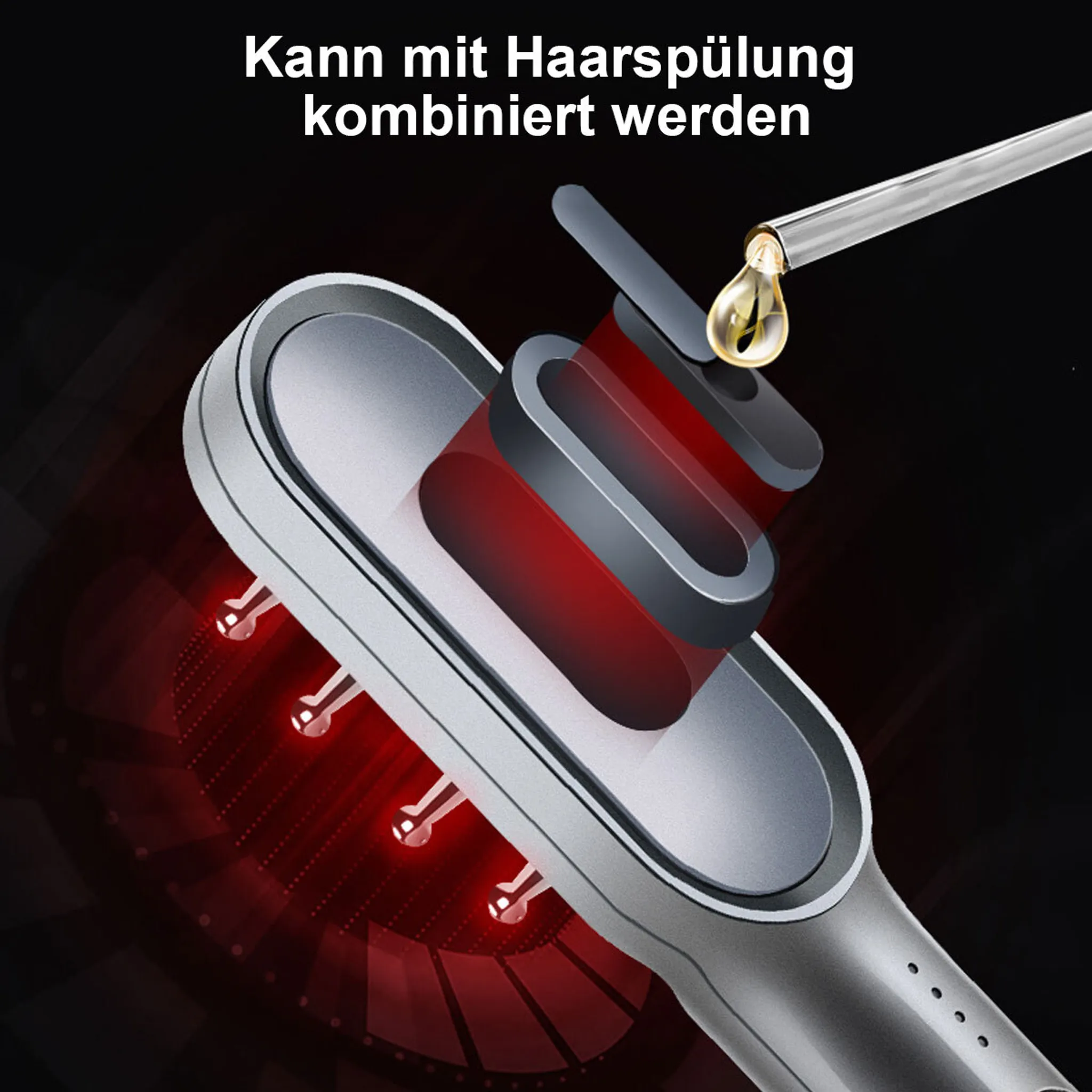 Ein silbernes Haarstyling-Gerät mit roten Lichtern und einer Ölpipette.