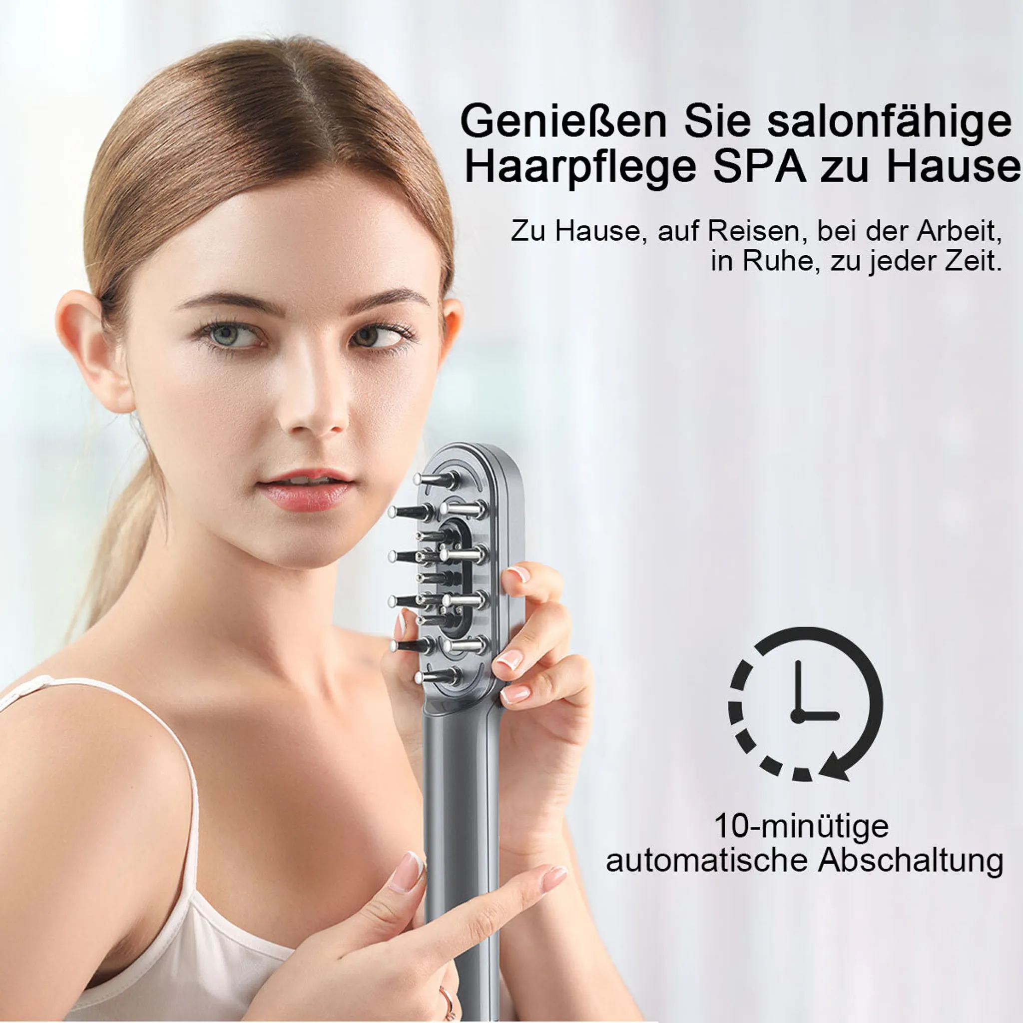 Frau hält ein Haarpflegegerät, Text über SPA zu Hause.
