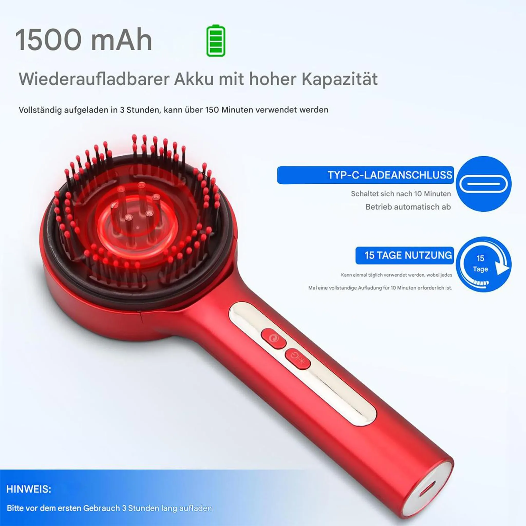 Roter Haarglätter mit Typ-C-Anschluss, 1500 mAh Akku, 150 Min. Laufzeit.