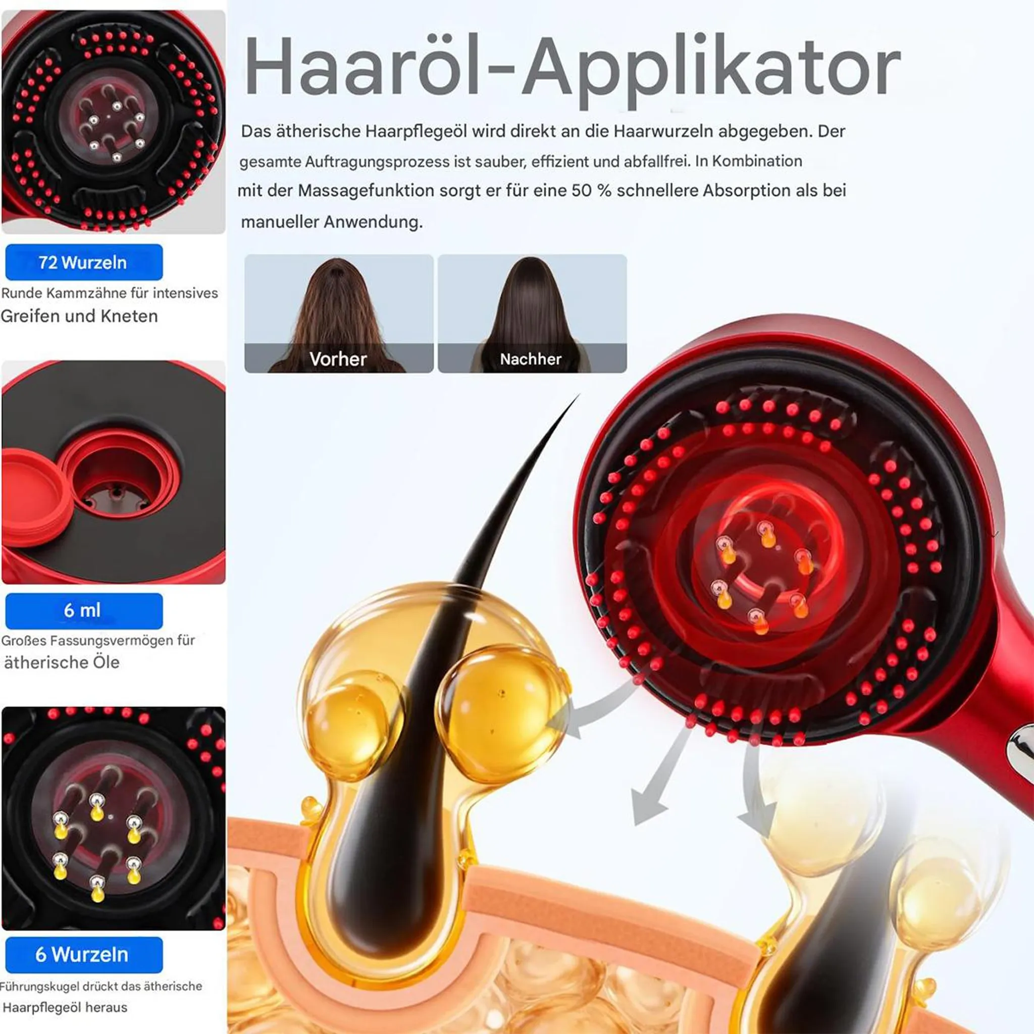 Roter Haaröl-Applikator mit Pins und Öltröpfchen auf Haarwurzeln.