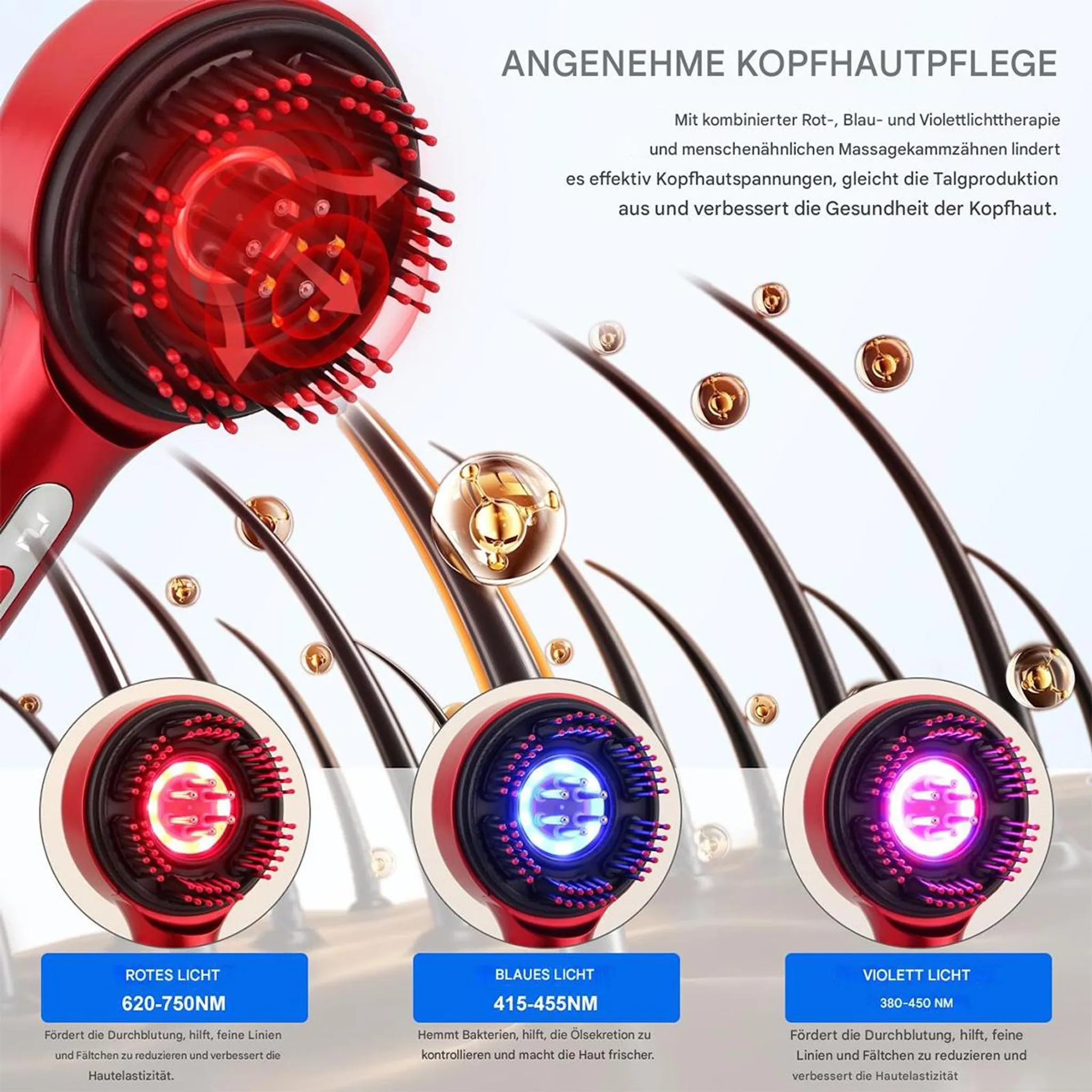 Rotes, blaues und violettes Licht für Kopfhautpflege mit Massagekamm.