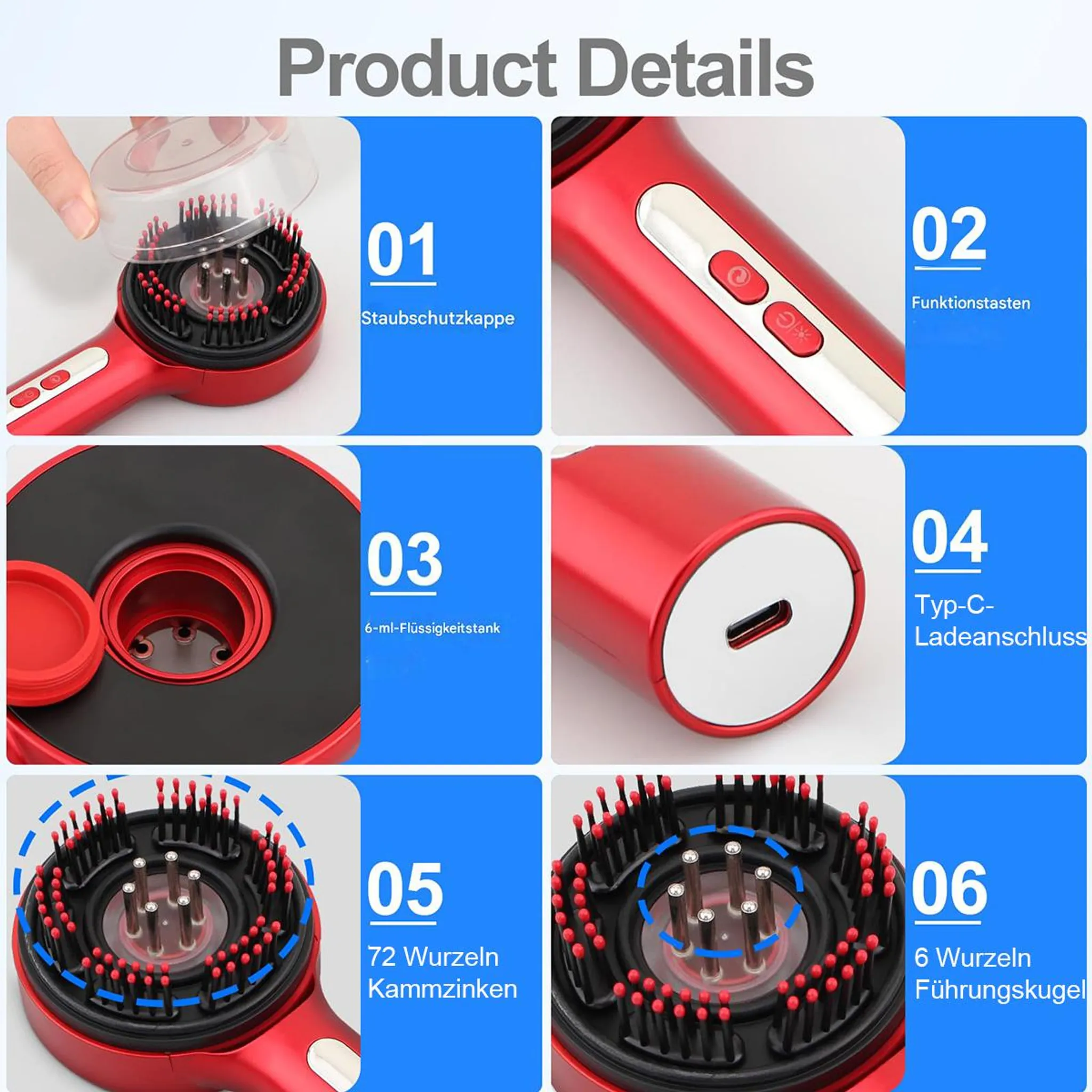 Rotes Haarstyling-Tool mit Details: Staubschutzkappe, Tasten, Flüssigkeitstank, USB-C-Anschluss, Kammzinken, Führungskugeln.