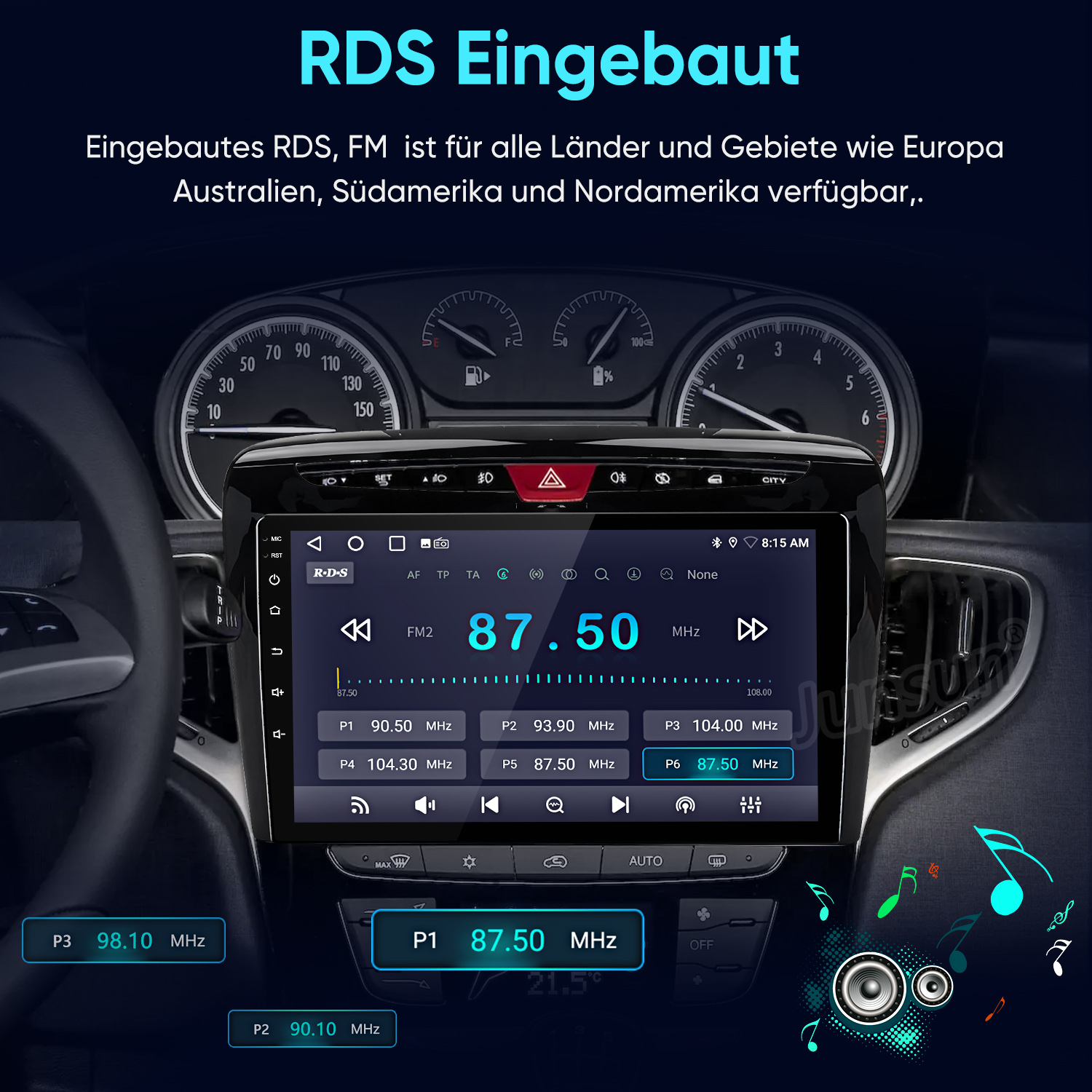 Ein Autoradio-Bildschirm zeigt FM2 mit 87.50 MHz und gespeicherten Sendern.