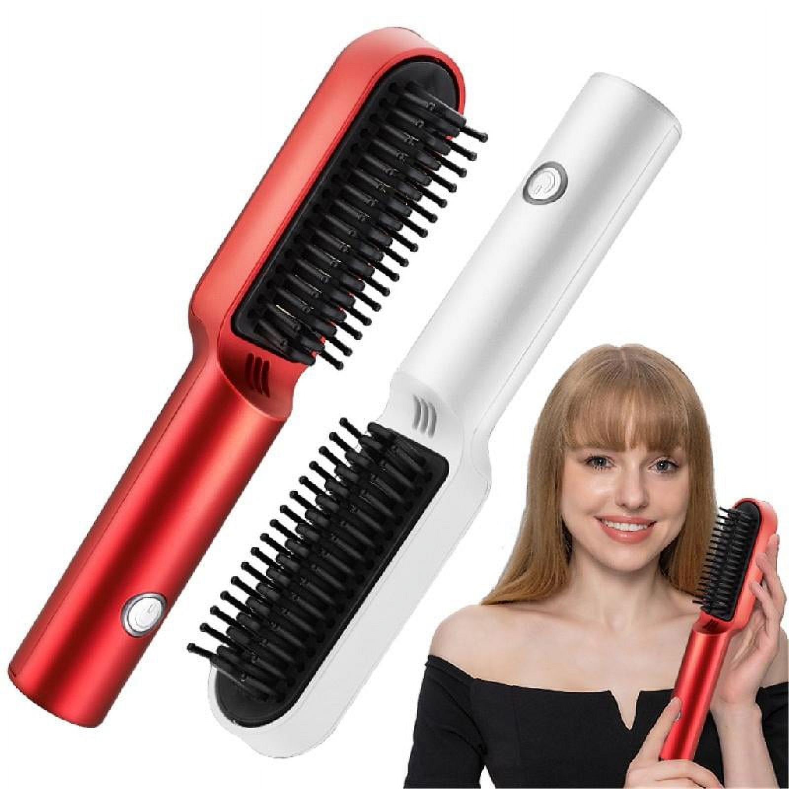 Roter und weißer Haar-Glättkamm mit Frau im Hintergrund, die einen roten Kamm hält.