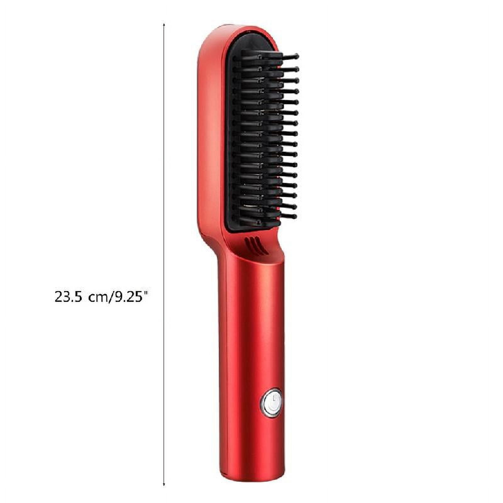 Roter Haarglätterkamm mit schwarzen Borsten und silbernem Knopf.