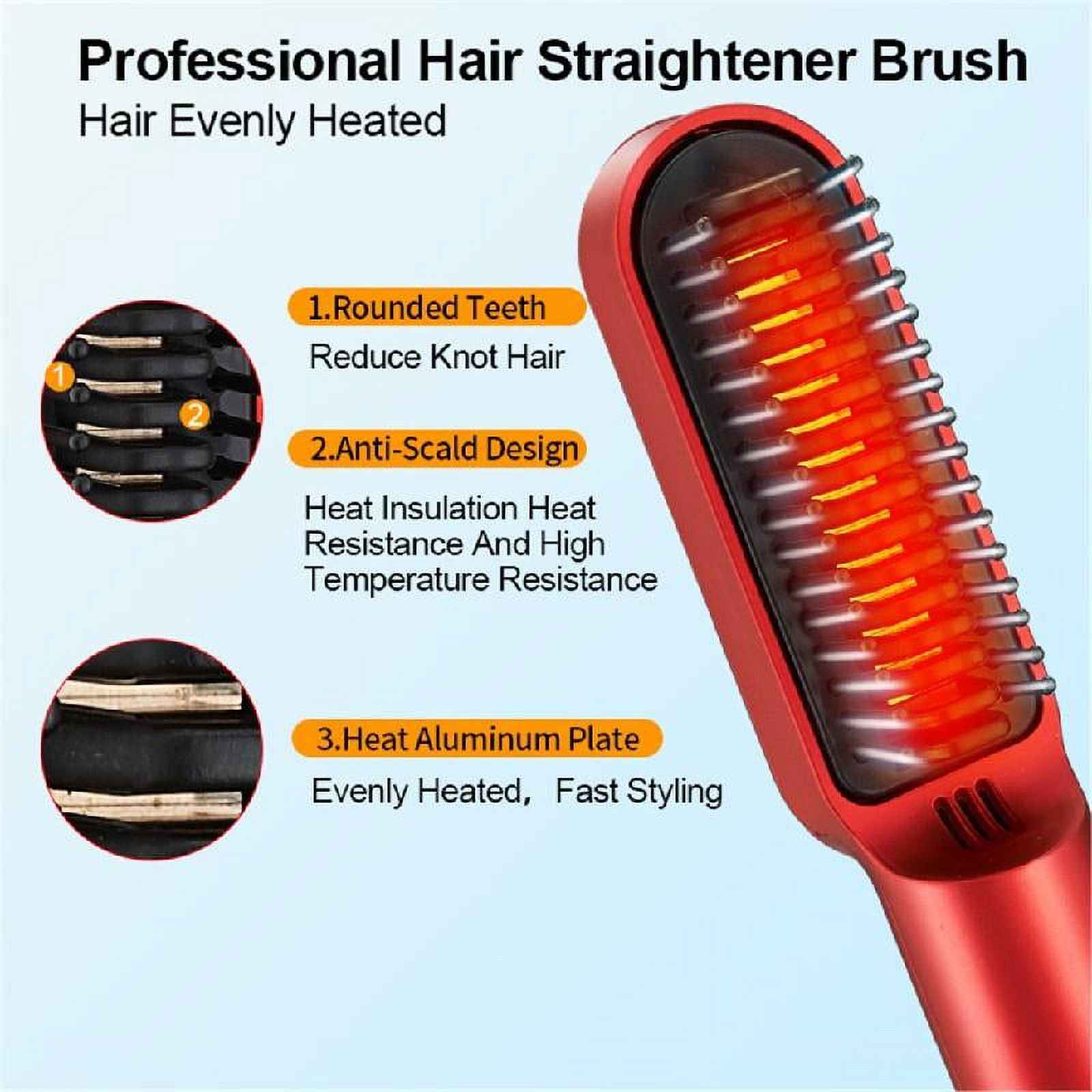 Roter Haar-Glättungsbürste mit erhitzten Borsten und Beschriftungen für Merkmale.