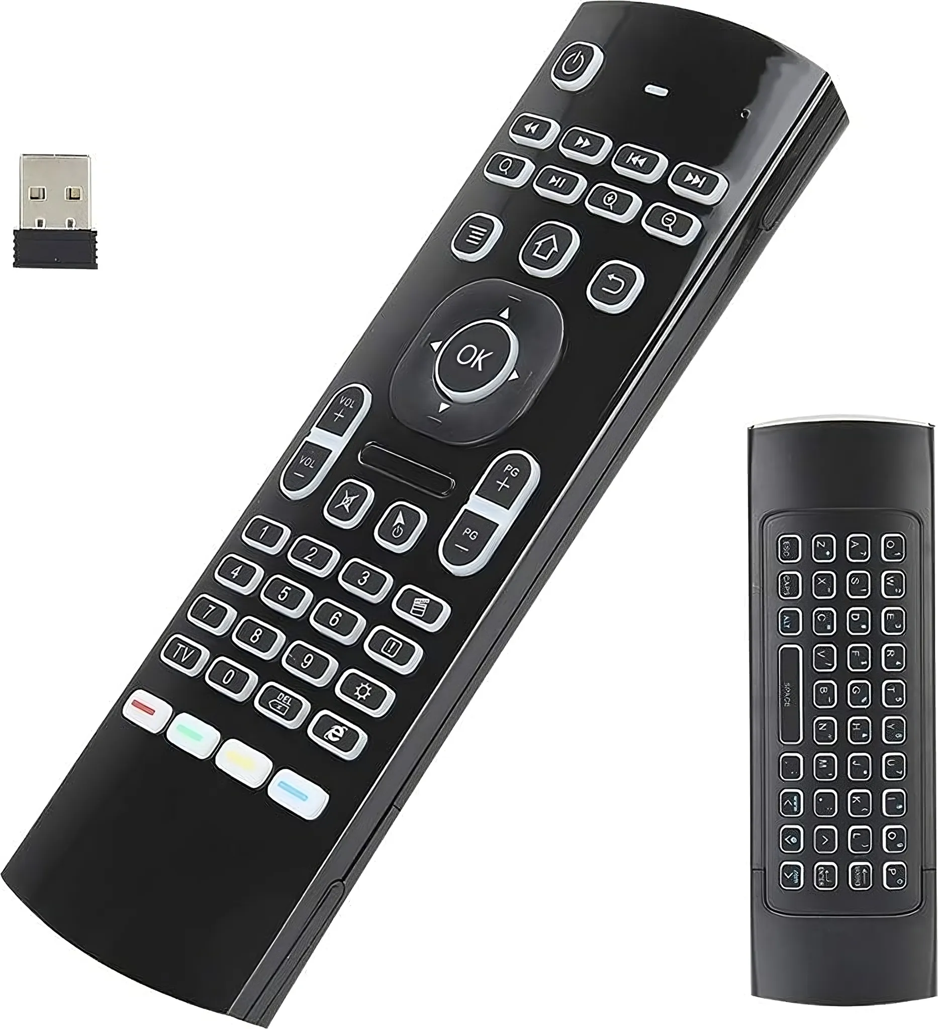 Schwarze Fernbedienung mit Tasten und USB-Dongle auf weißem Hintergrund.