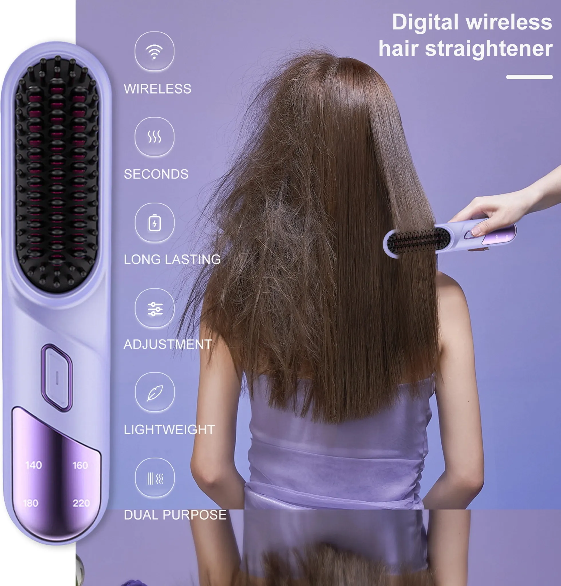 Ein lila Haarstraightener mit digitalen Einstellungen wird auf dem Haar einer Frau verwendet.