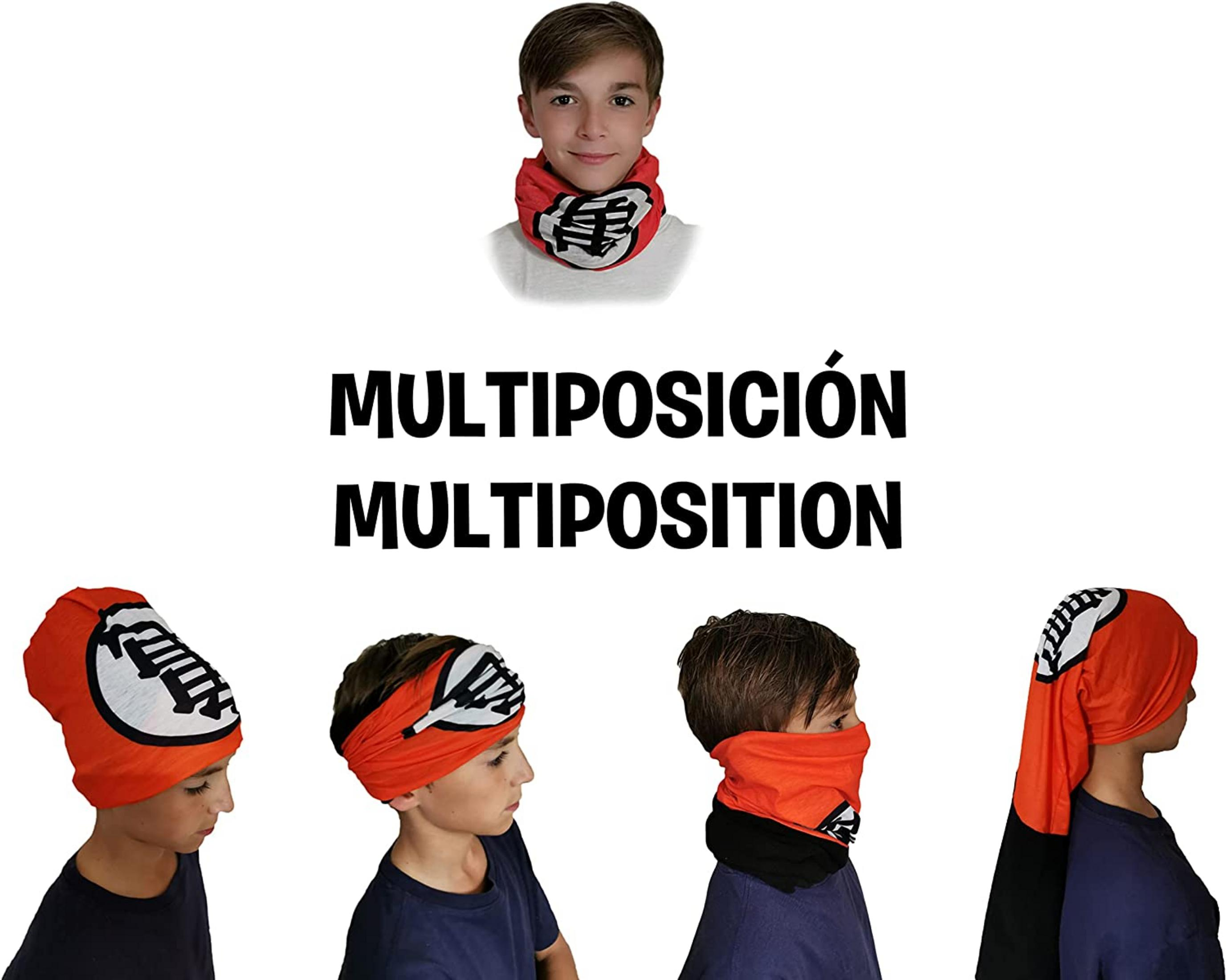 Niño con mascarilla naranja de Dragon Ball en varias posiciones.