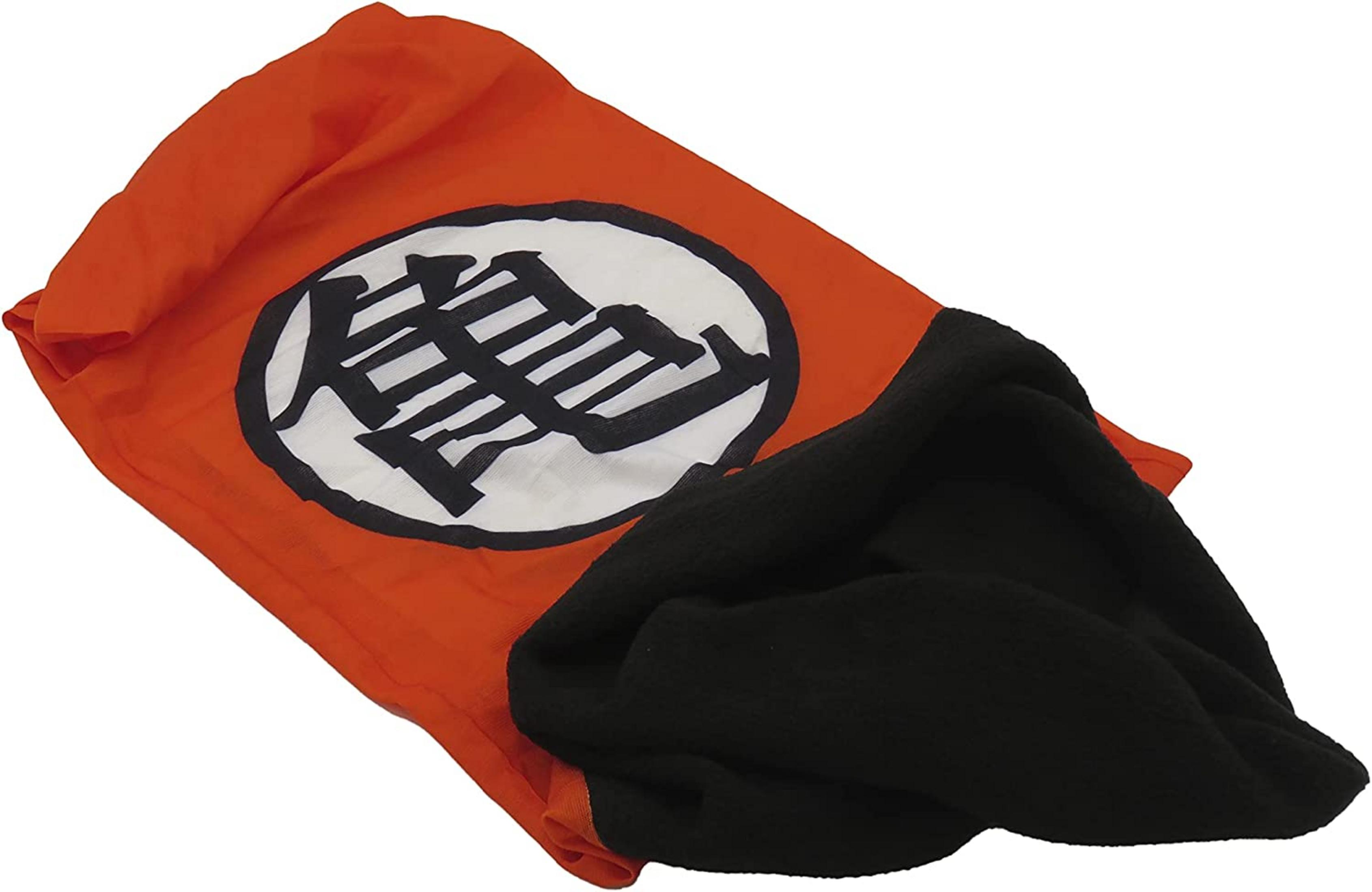 Una tela naranja con un símbolo Kanji negro en un círculo blanco. Una tela negra está al lado.