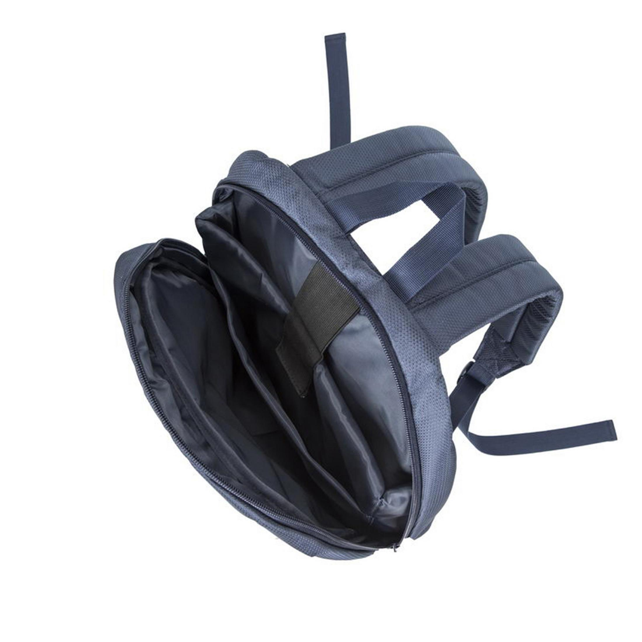 Ein blauer Rucksack mit geöffnetem Hauptfach und gepolsterten Trägern.