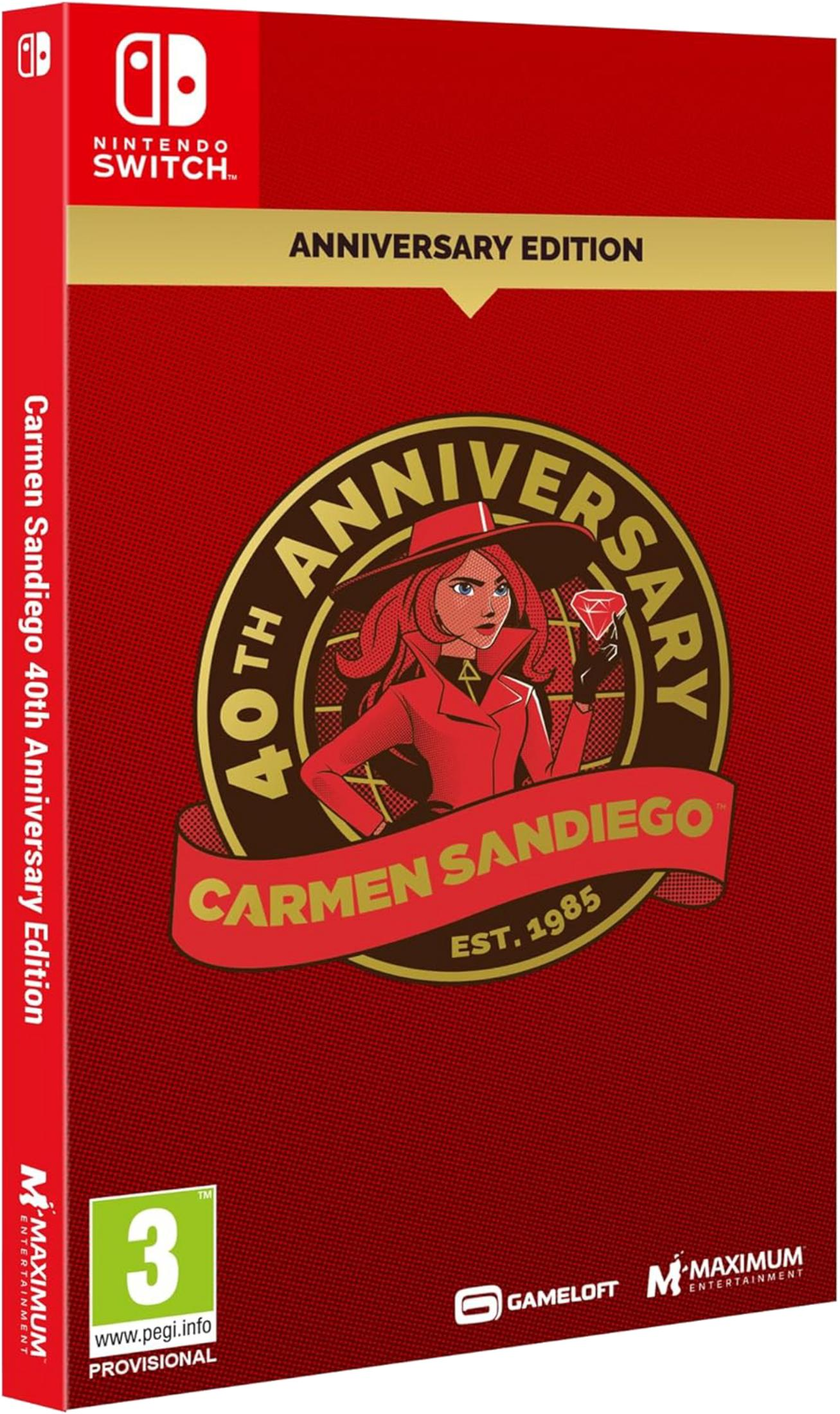 Confezione gioco Nintendo Switch: Edizione 40° Anniversario di Carmen Sandiego, con Carmen.