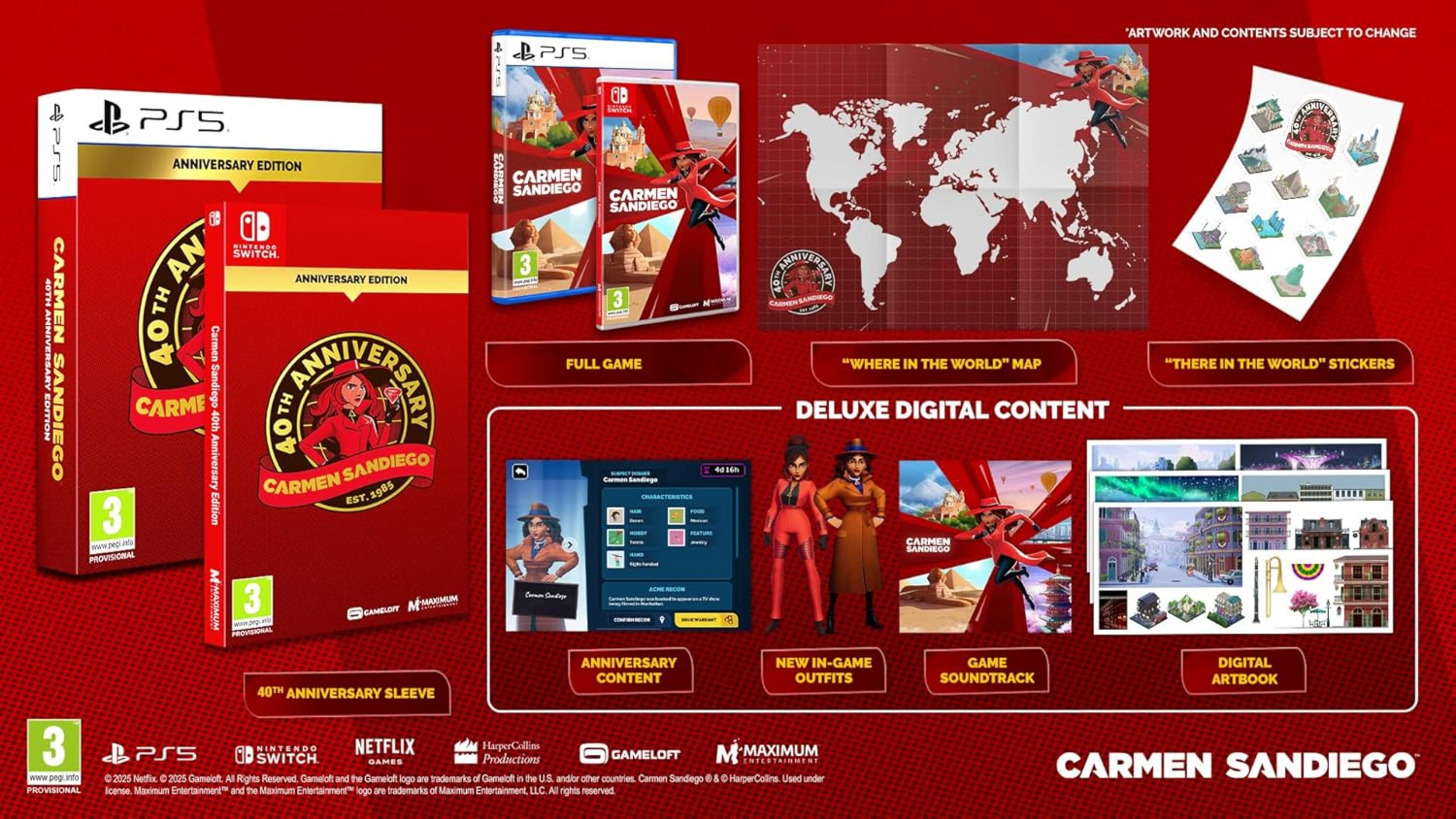 Edizione 40° Anniversario di Carmen Sandiego per PS5 e Switch, con mappa, adesivi, outfit, artbook.