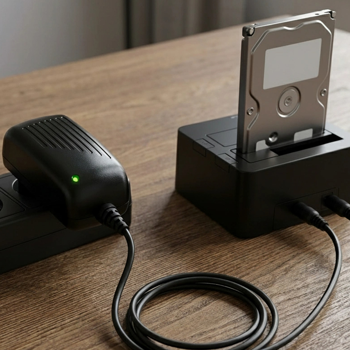 Eine schwarze Festplatten-Dockingstation mit einer silbernen HDD und einem schwarzen Netzteil an einer Steckdosenleiste.