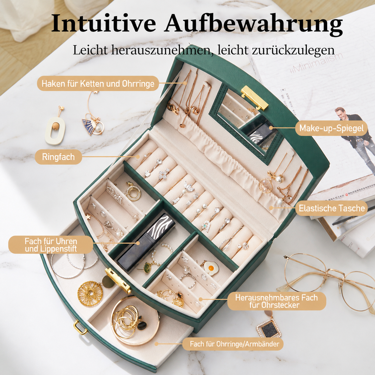 Grüne Schmuckschatulle mit Fächern, Ringen, Ohrringen, Halsketten und Spiegel.