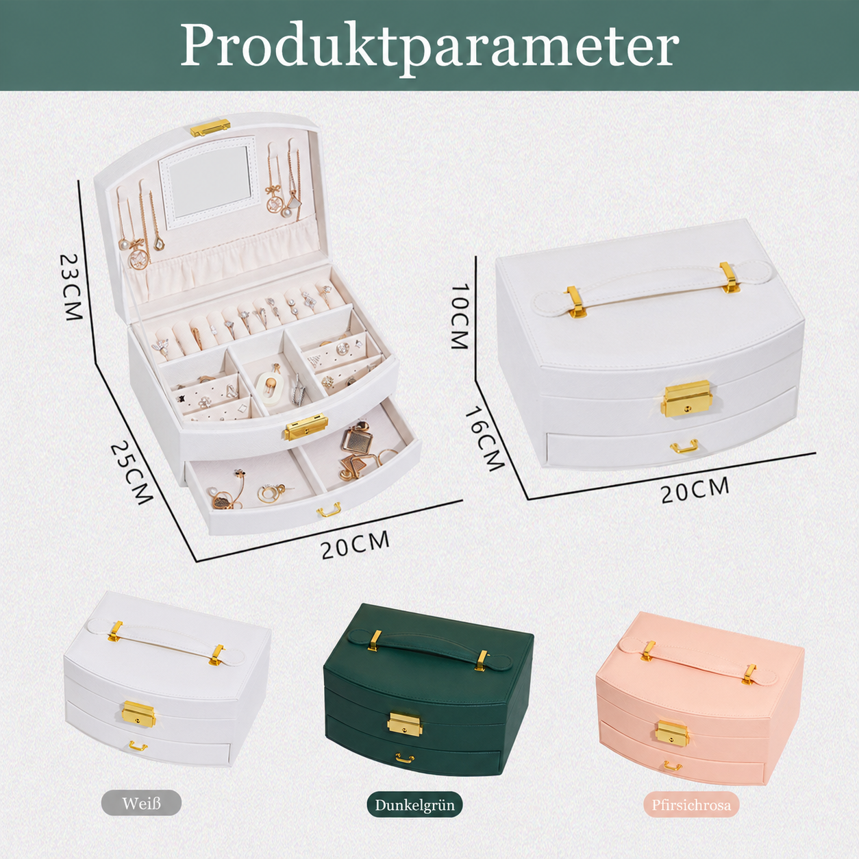Produktparameter: Offene weiße Schmuckbox mit Schmuck, geschlossene weiße, grüne und rosa Schmuckboxen mit Maßen.