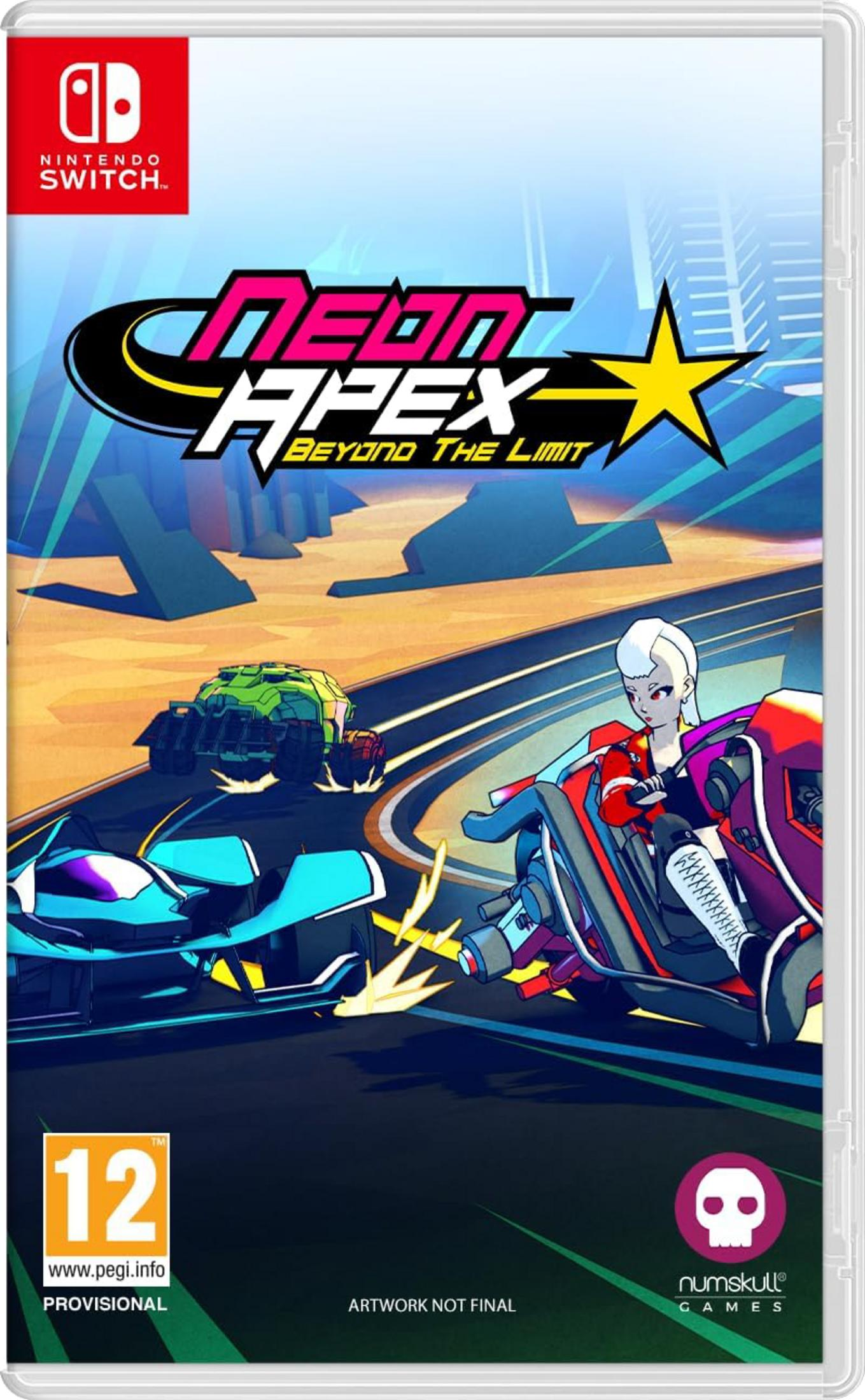 Copertina gioco Neon Apex: Donna in moto viola corre contro veicolo verde.