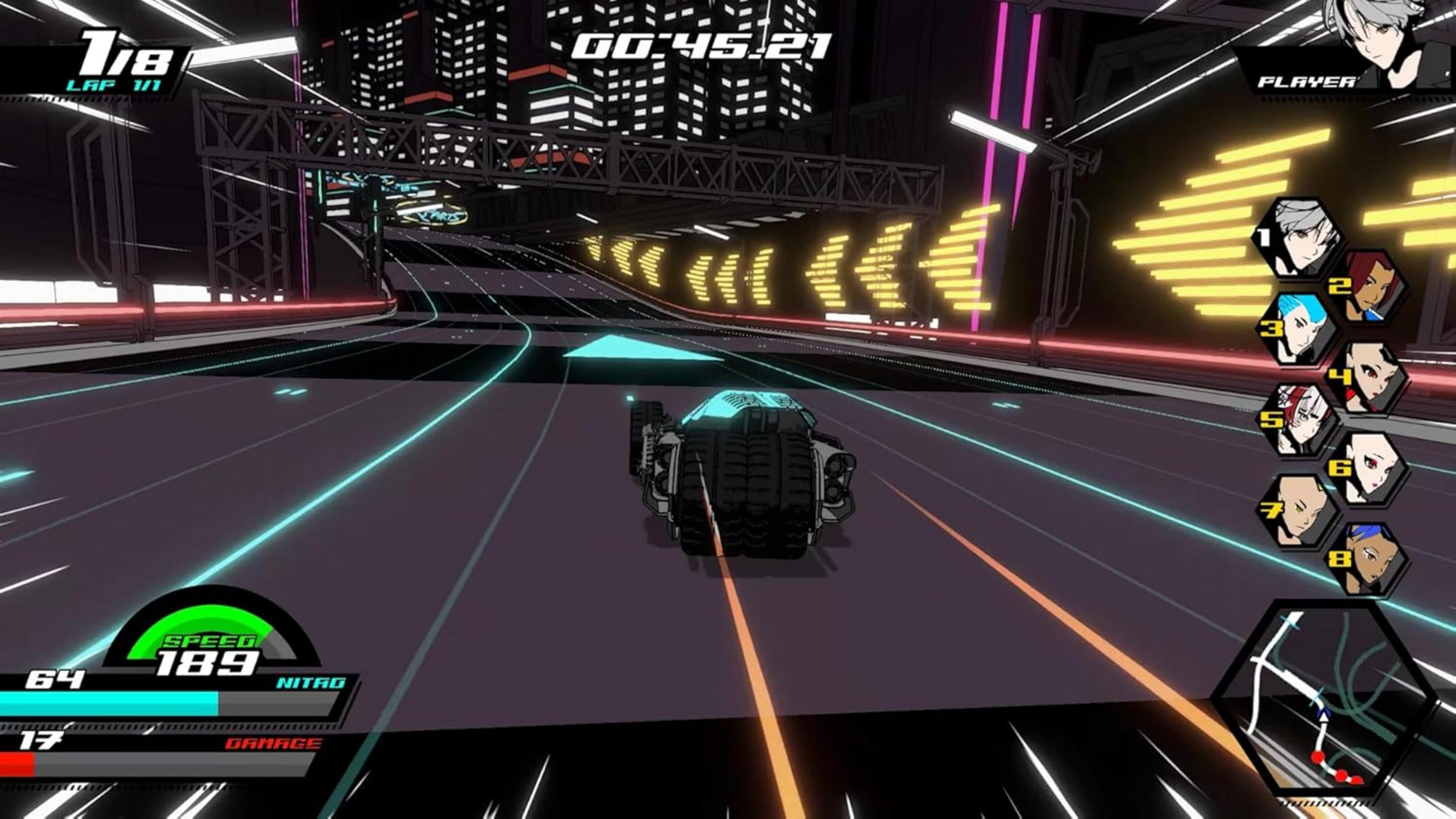 Gioco di corse con veicolo futuristico su pista urbana al neon. Display mostra velocità.