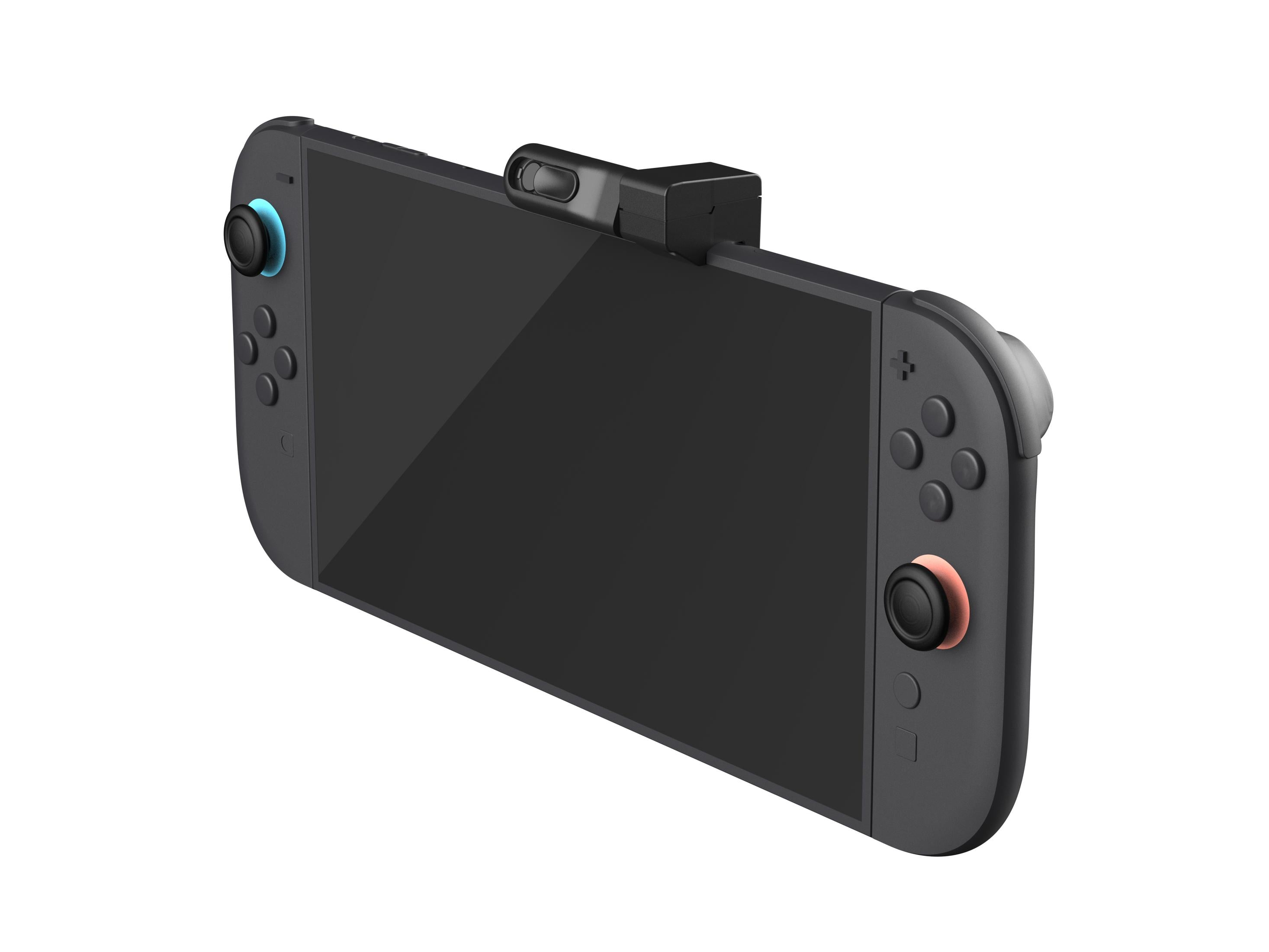 Dispositivo portatile grigio con controller, joystick e pulsanti neri.