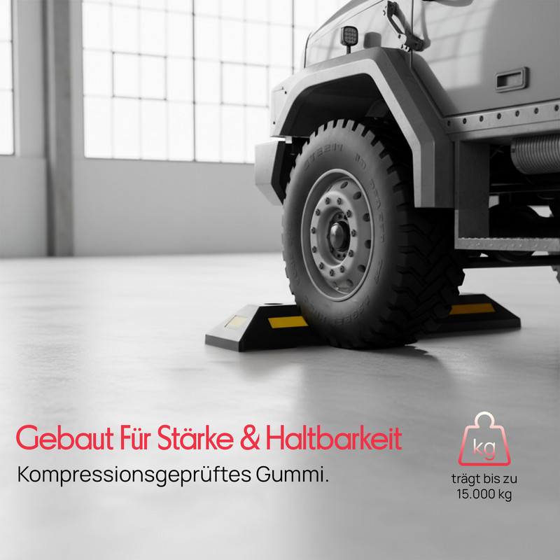 Ein LKW-Reifen ruht auf schwarzen Keilen mit gelben Streifen.