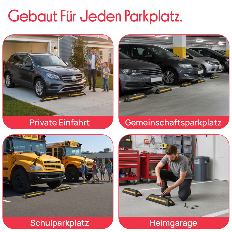Vier Szenen zeigen Parkplatzstopper in Einfahrten, Parkhäusern, Schulhöfen und Garagen.