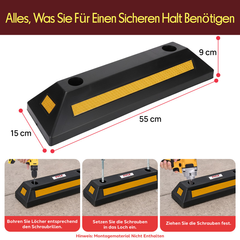 Schwarzer Parkstopper (55x15x9cm) mit gelben Reflektoren, Montageanleitung.
