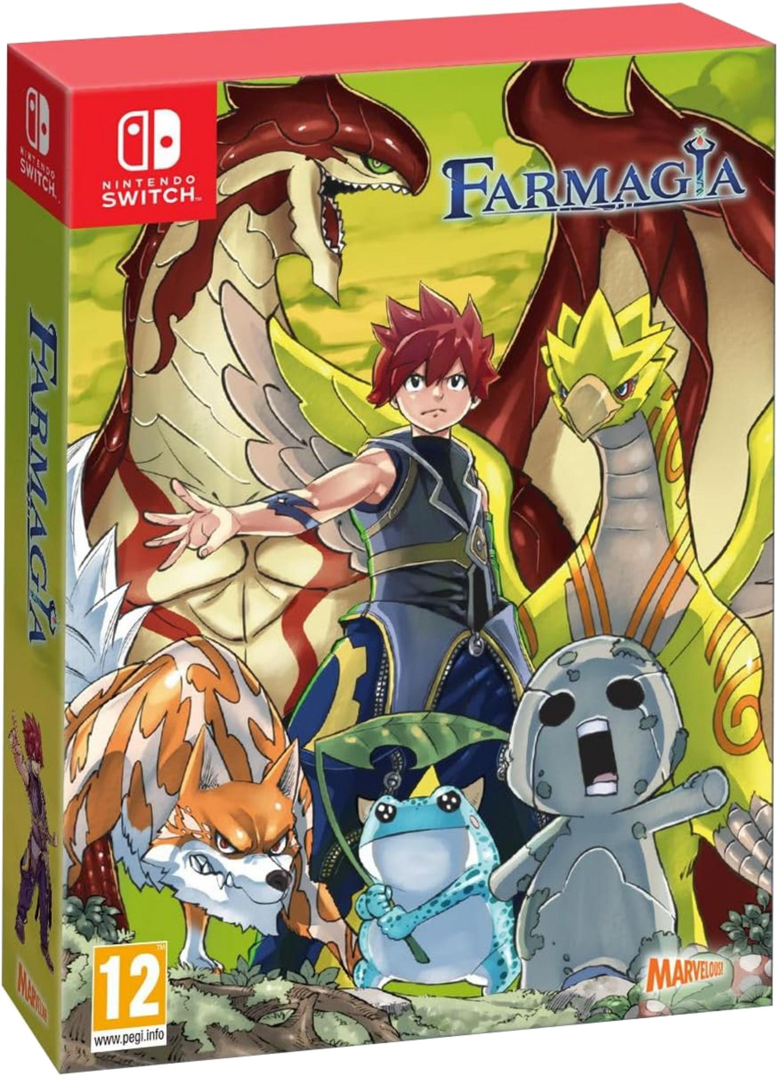 Copertina del gioco Farmagia con personaggi: ragazzo, draghi, volpe, rana, creatura di pietra.