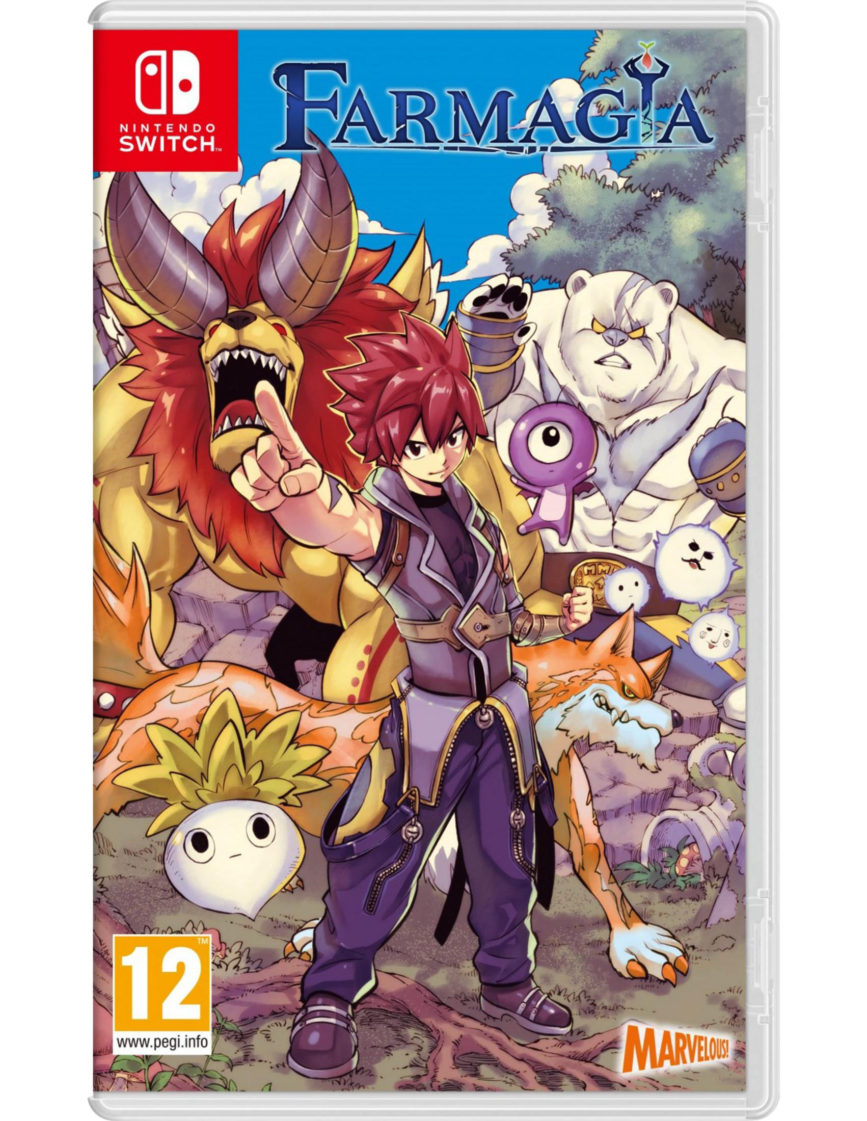 Copertina del gioco Farmagia per Nintendo Switch con personaggi e creature anime.