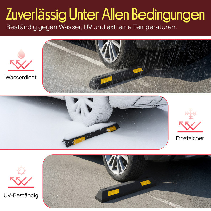 Schwarze Parkstopper mit Reflektoren bei Regen, Schnee und Sonnenschein.