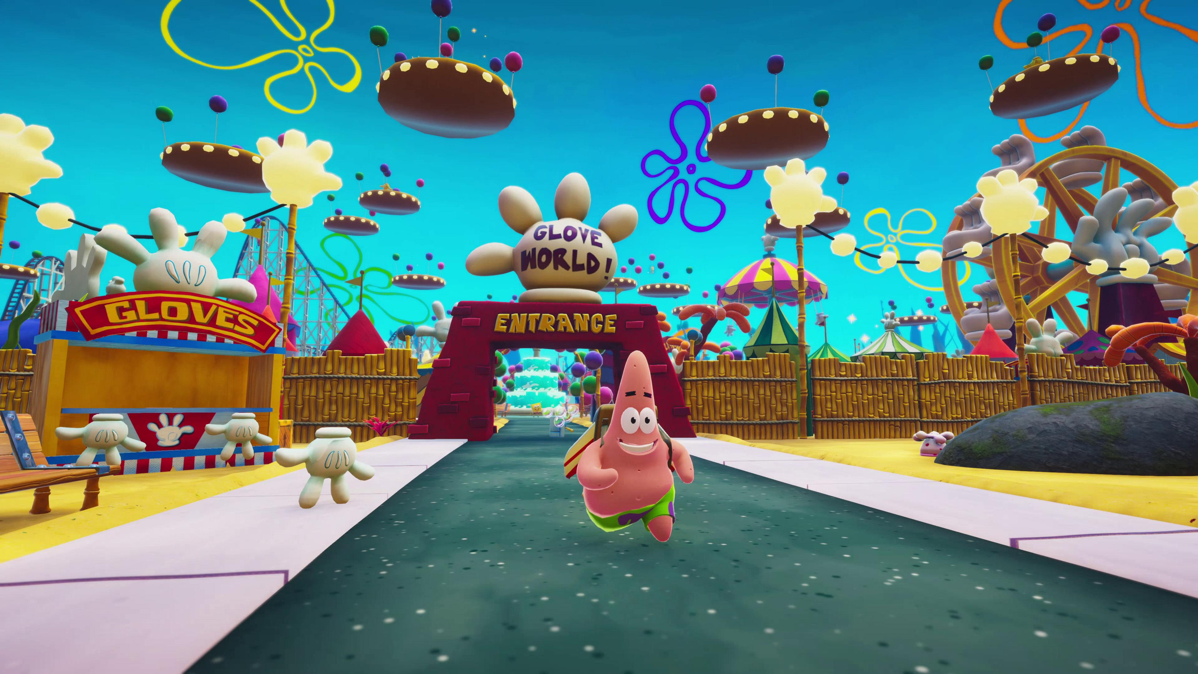 Patrick corre su un sentiero in un parco divertimenti a tema Glove World.