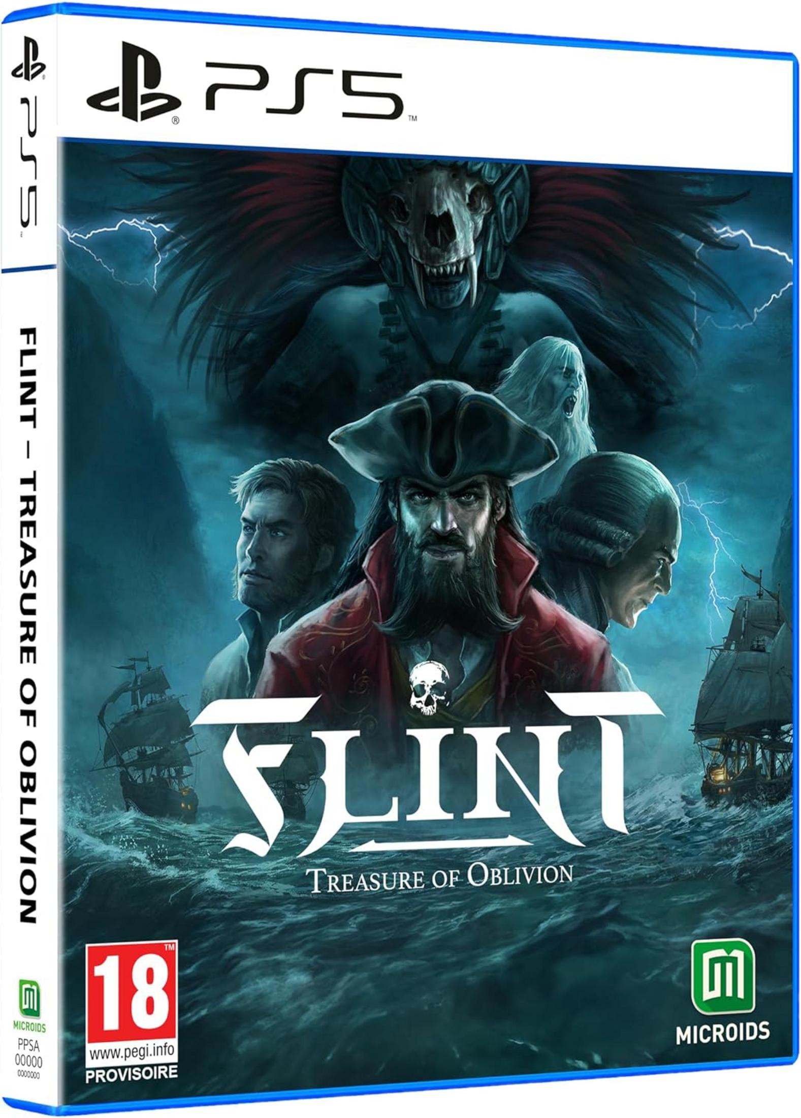 Portada del juego PS5 Flint: Treasure of Oblivion, con piratas y barcos.